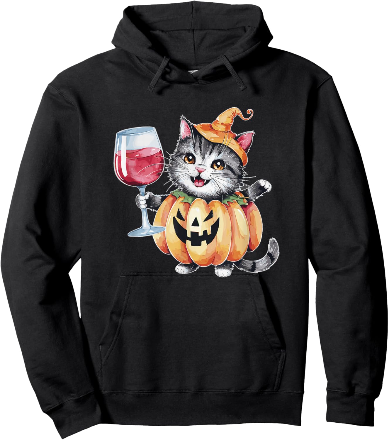 Cute Pumpkin Cat Wine Glass Halloween Cats Trick Or Treat Hoodie - Hoodie | Black