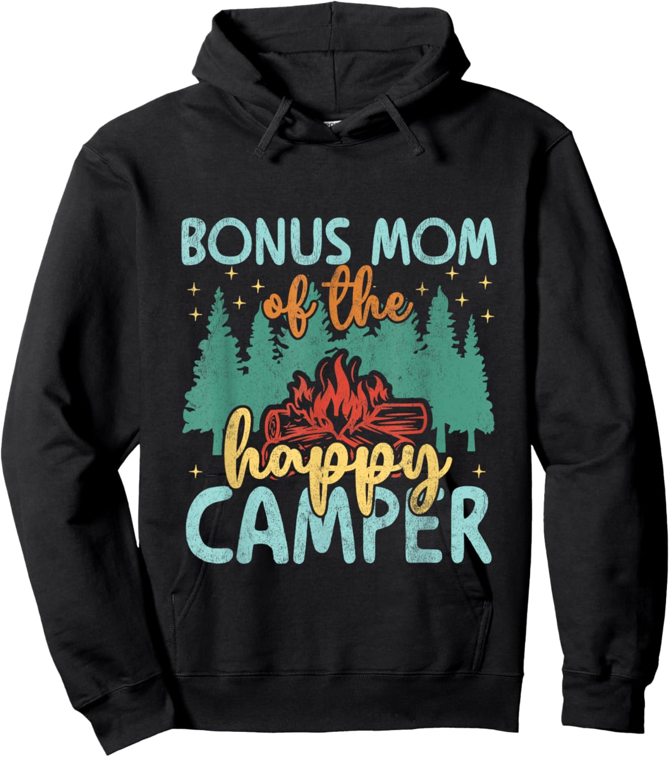 Bonus Mom of Happy Camper 1st Birthday Party Retro Bonus Mom Hoodie - Hoodie | Black