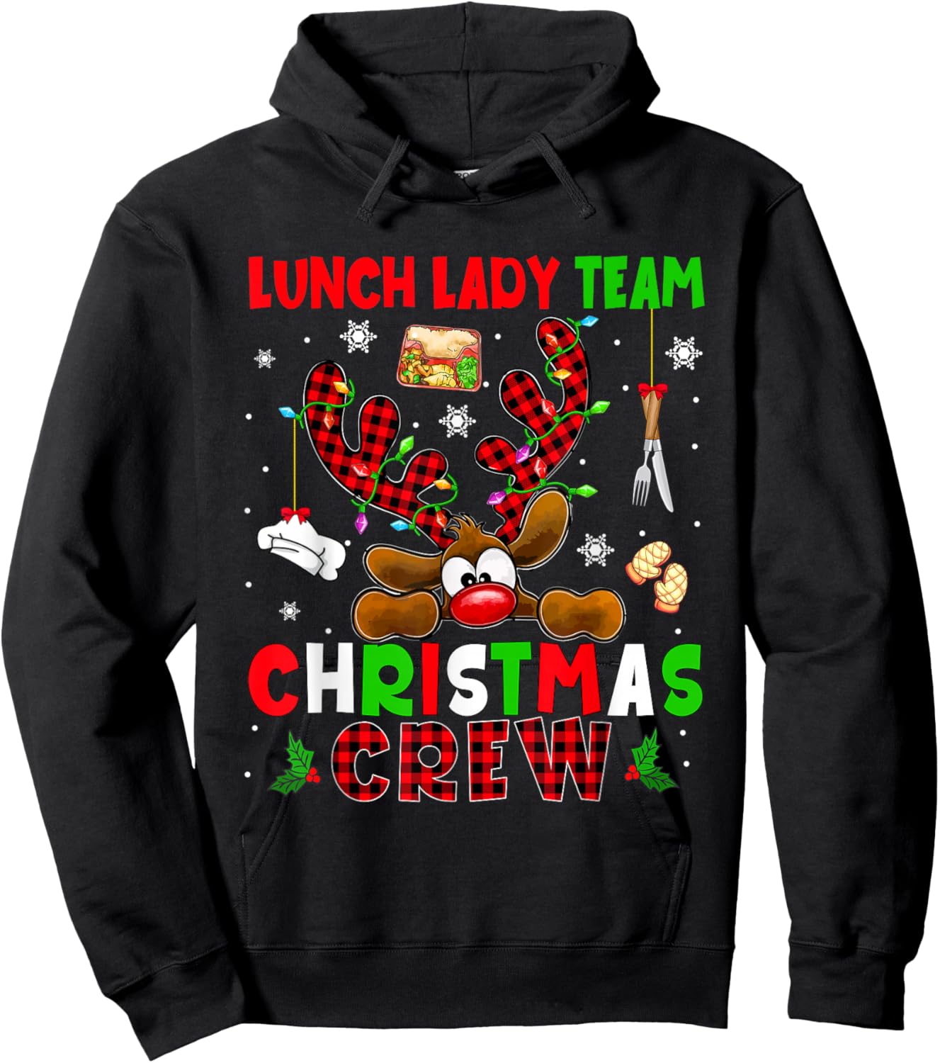 Lunch Lady Team Christmas Crew Proud Job Colorful Reindeer Hoodie - Hoodie | Black