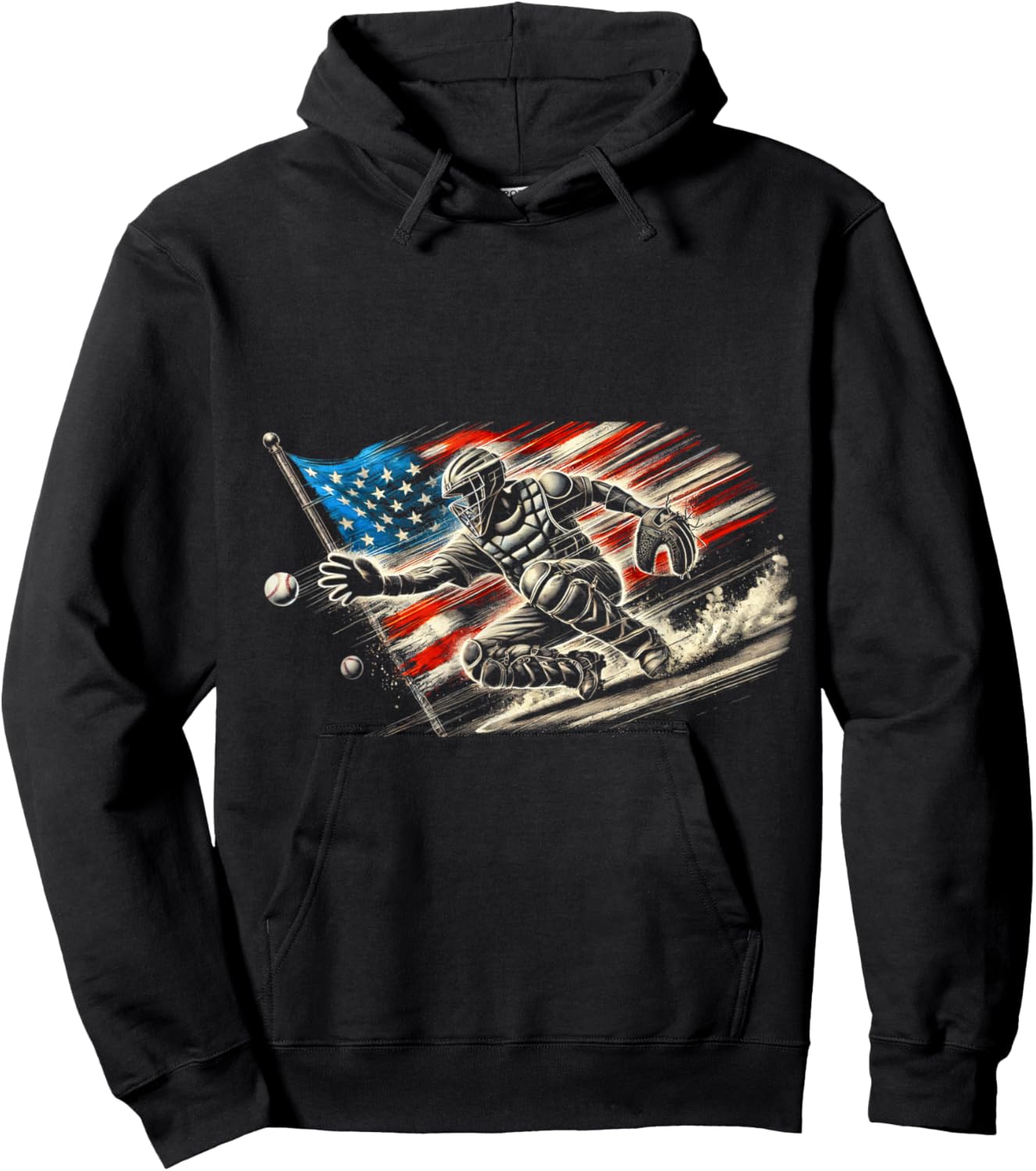 American Flag Baseball Player Bat Fan Catcher Pitcher USA Hoodie - Hoodie | Black
