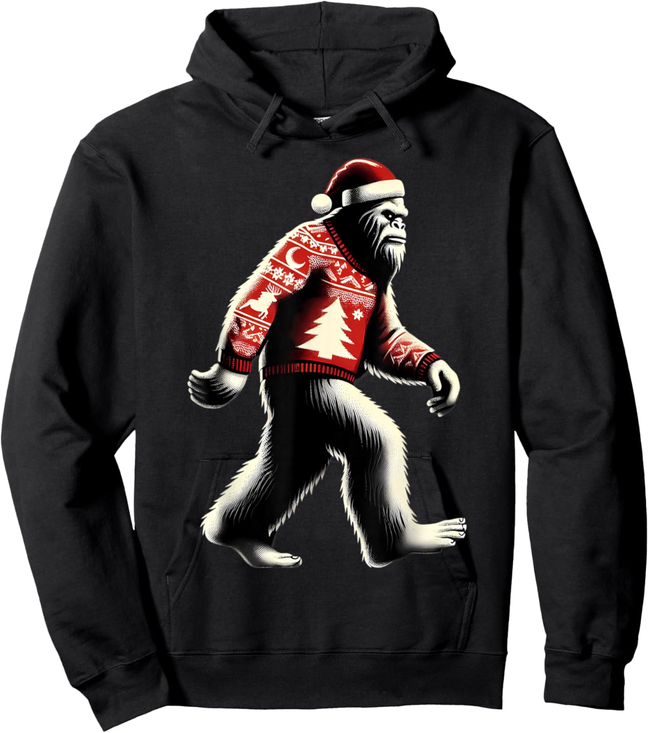 Walking Sasquatch With Santa Hat Christmas Big-foot Funny Hoodie - Hoodie | Black