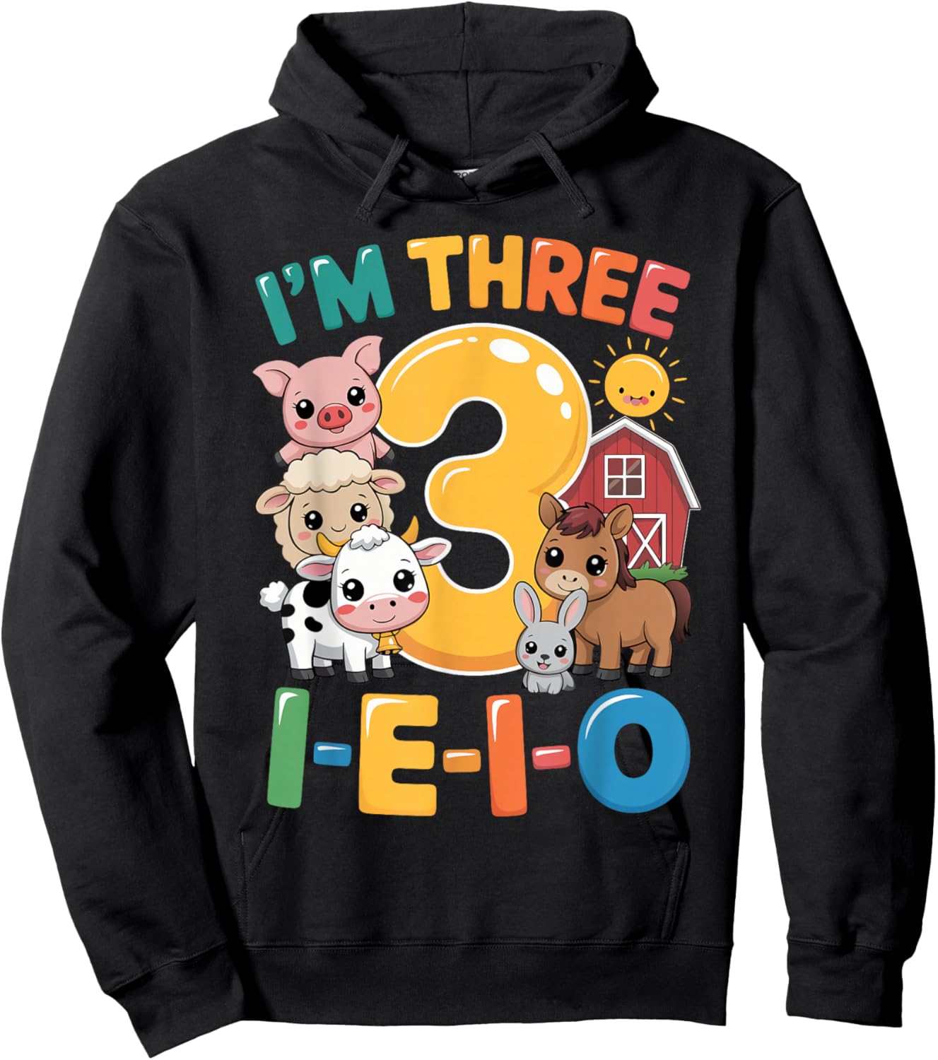 I'm Three I-E-I-O 3 Years Old Farm Animal Birthday Kids Boys Hoodie - Hoodie | Black