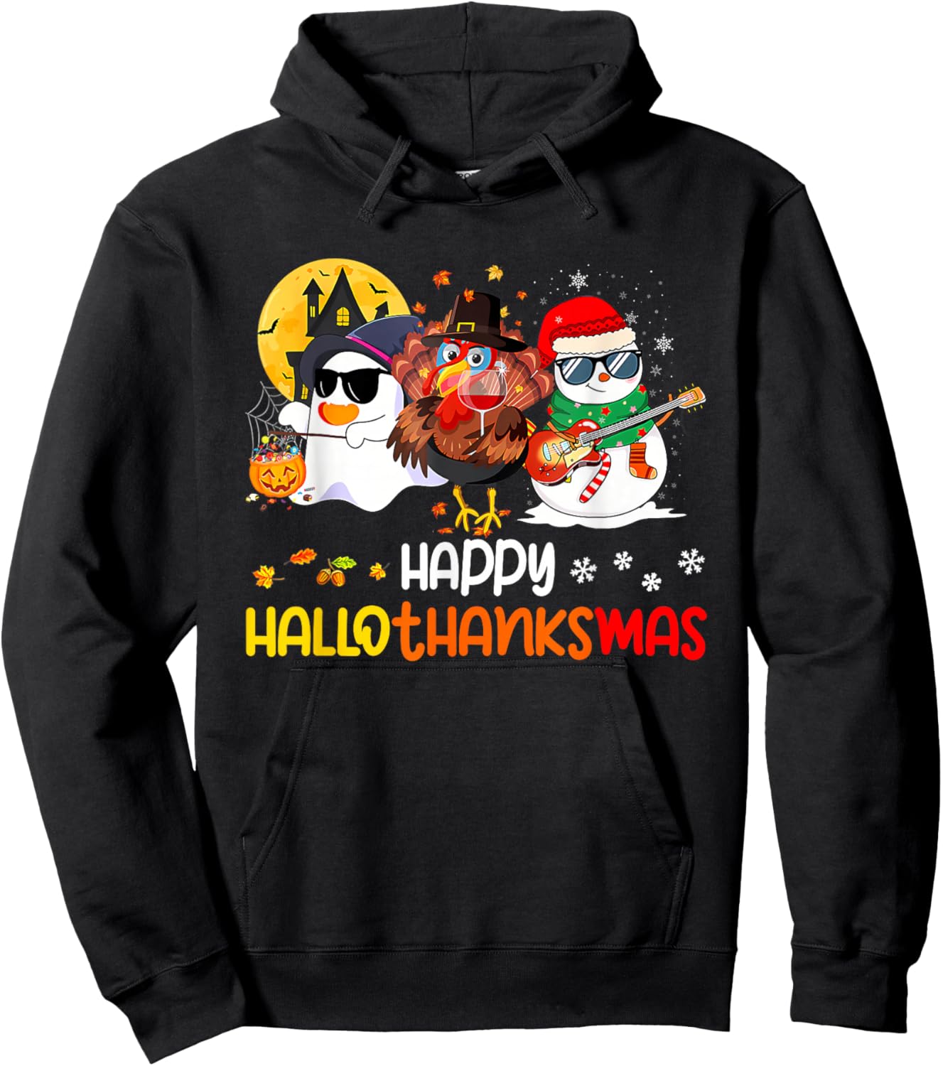 Happy Hallothanksmas Cute Ghost Halloween Thanksgiving Xmas Hoodie - Hoodie | Black