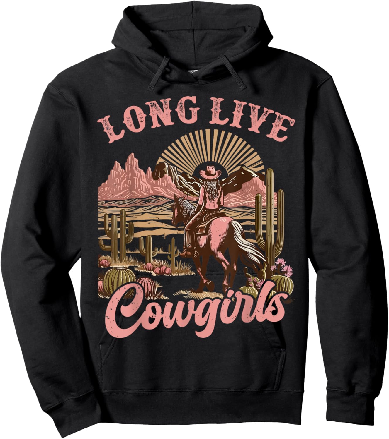 Vintage Western Country Southern Women Girls Gifts Long Live Country Cute Cowgirl Riding Horse Howdy Rodeo Hoodie - Hoodie | Black