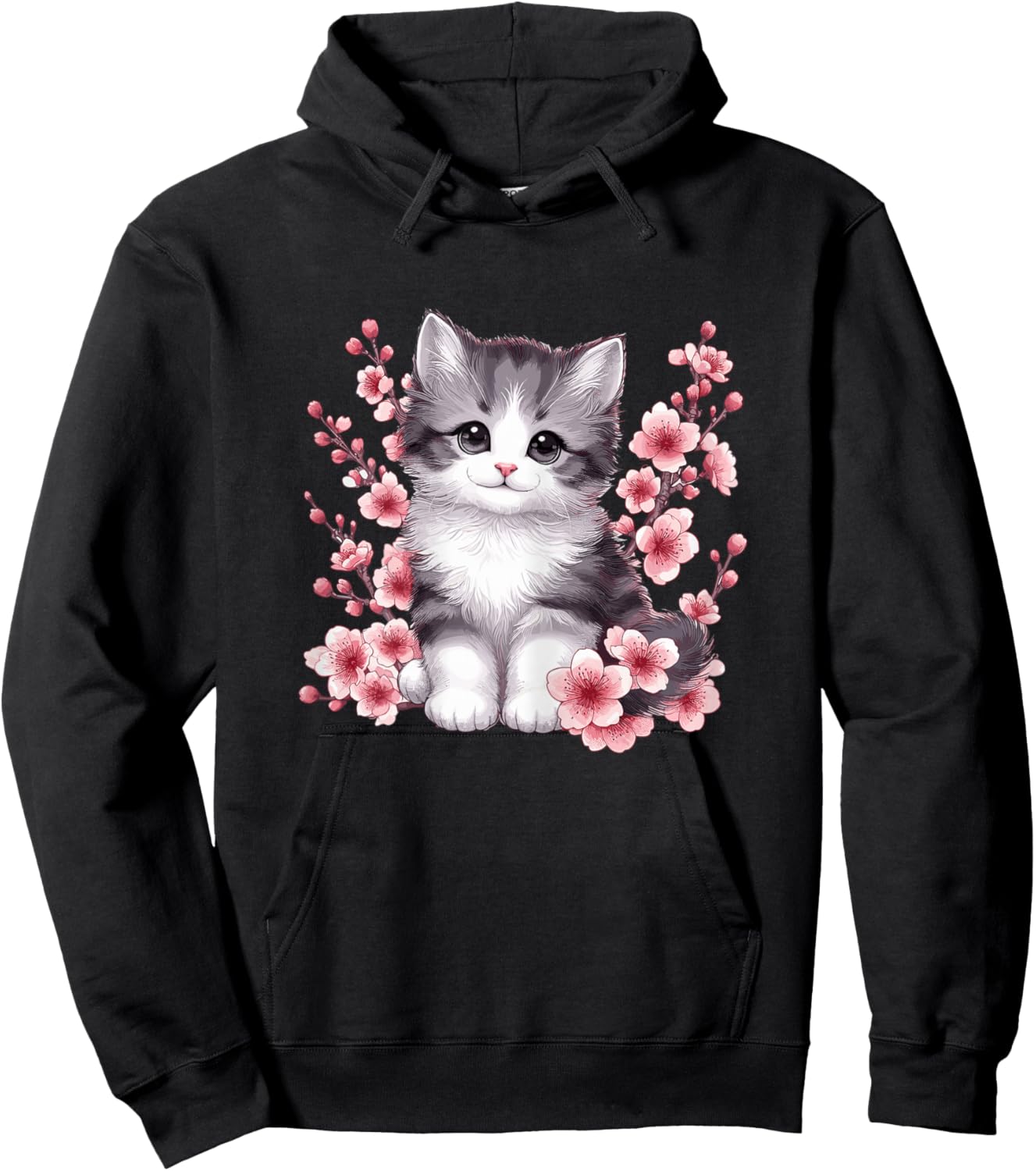 Cat with Cherry Blossoms Cute Cat Hoodie - Hoodie | Black
