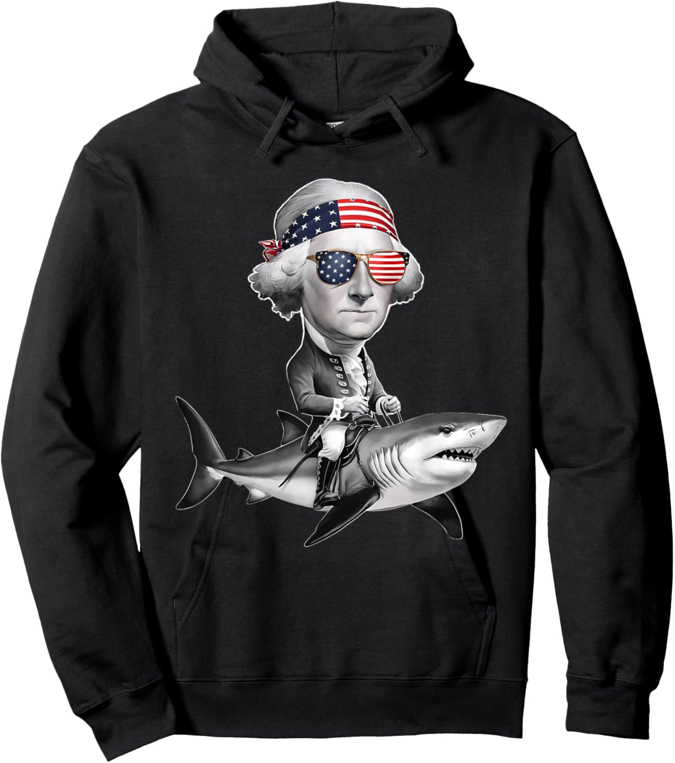Funny George Washington Riding Shark 4th of July USA Flag Women Kids Men Hoodie - Hoodie | Black