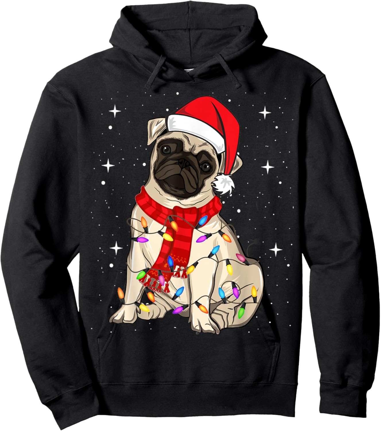 Pug Dogs Christmas Light Santa Hat Puggy Lover Xmas Hoodie - Hoodie | Black