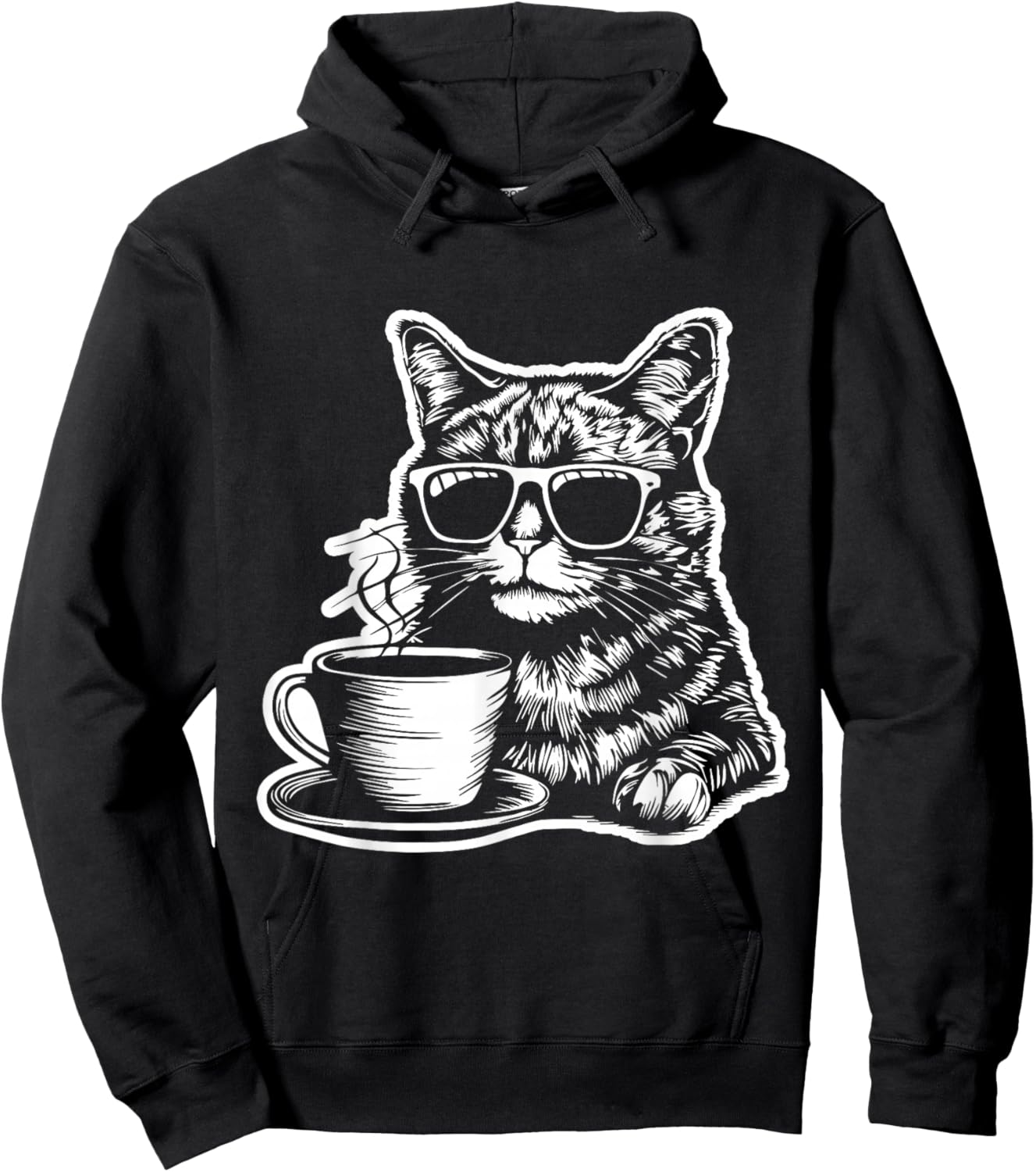 Cat Drinking Coffee Fun and Quirky Art Design Women Kids Hoodie - Hoodie | Black