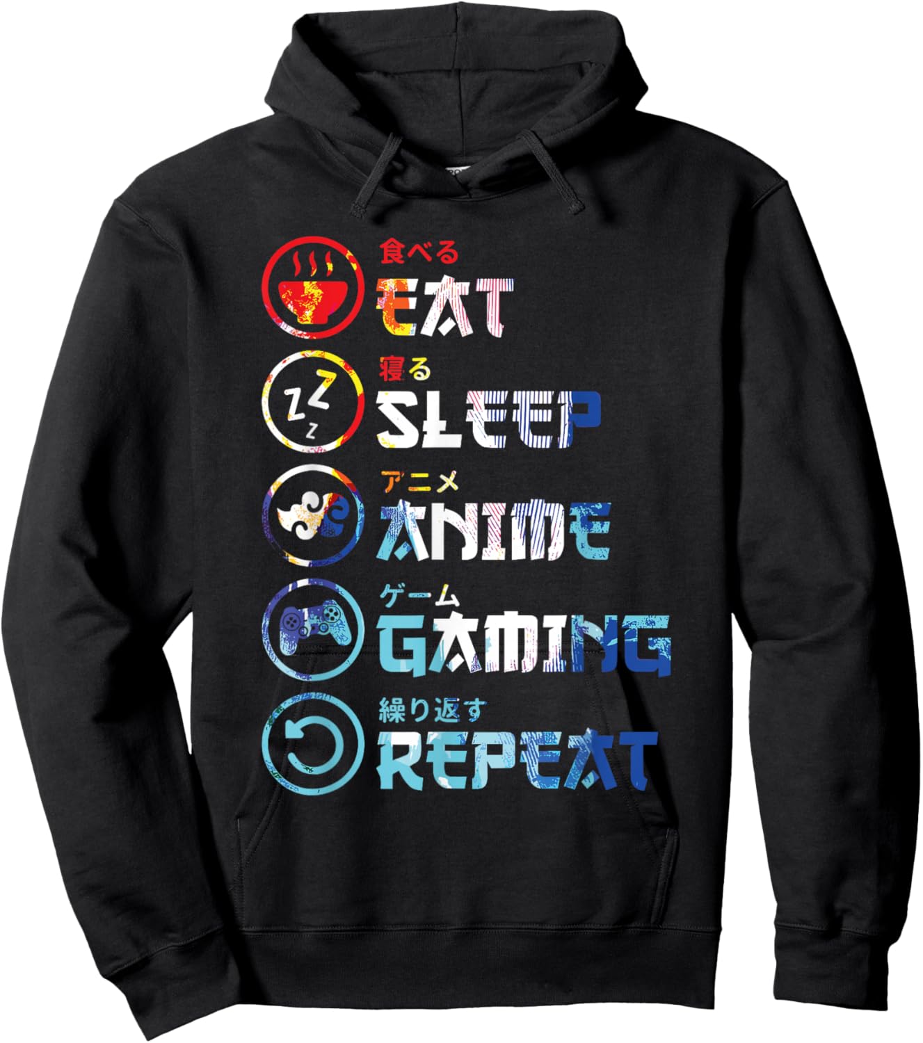 Funny Eat Sleep Anime Gaming Repeat Japanese Otaku Lifestyle Hoodie - Hoodie | Black