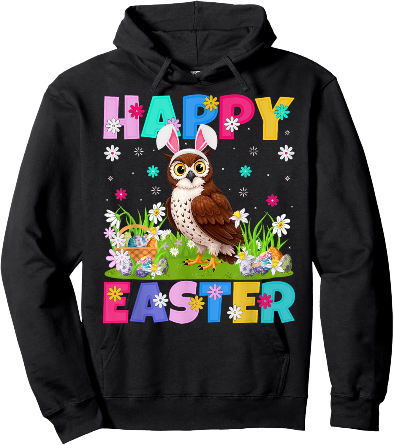 Owl Bird Happy Easter Egg Hunt Bunny Ear Owl Easter Hoodie - Hoodie | Black
