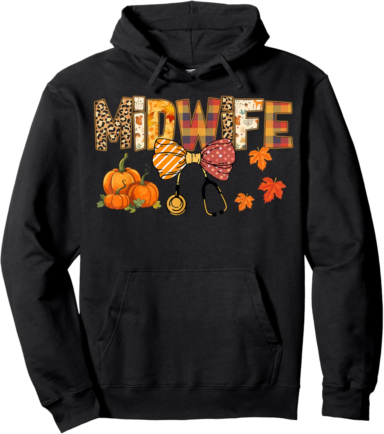 Cute Midwife Coquette Bow Stethocope Fall Pumpkin Autumn Hoodie - Hoodie | Black