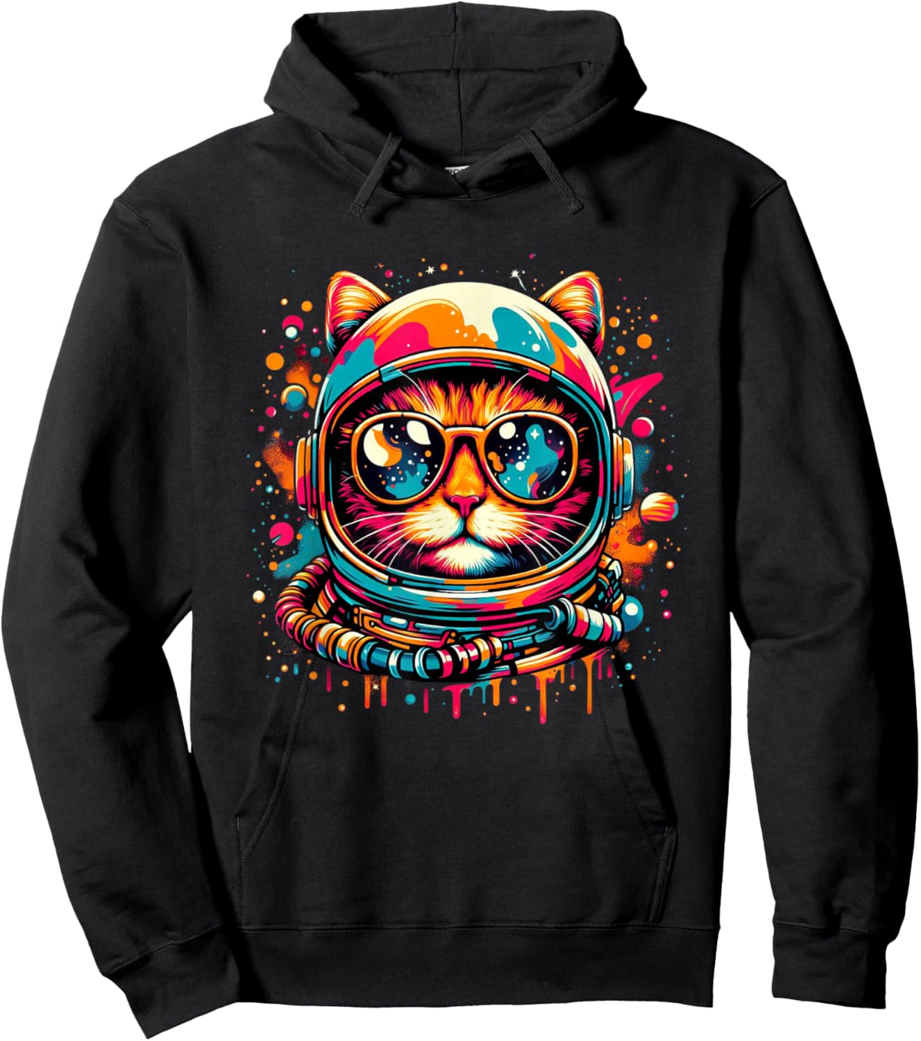 Space Cat Funny Cosmic Astronaut Cat Cute Retro Galaxy Cat Women Kids Hoodie - Hoodie | Black