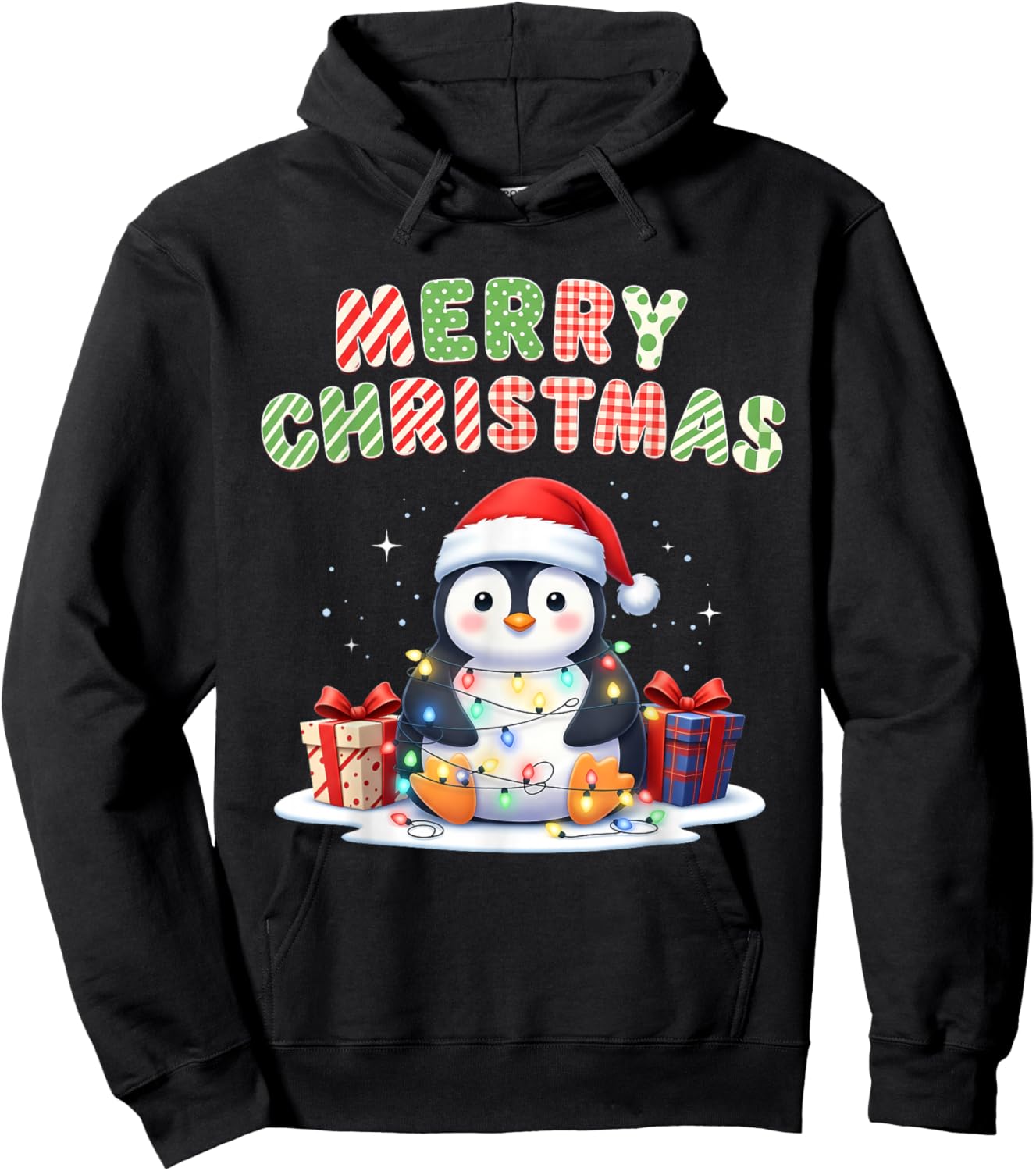Cute Penguin Merry Christmas Lights Santa Family Pajama Xmas Hoodie - Hoodie | Black