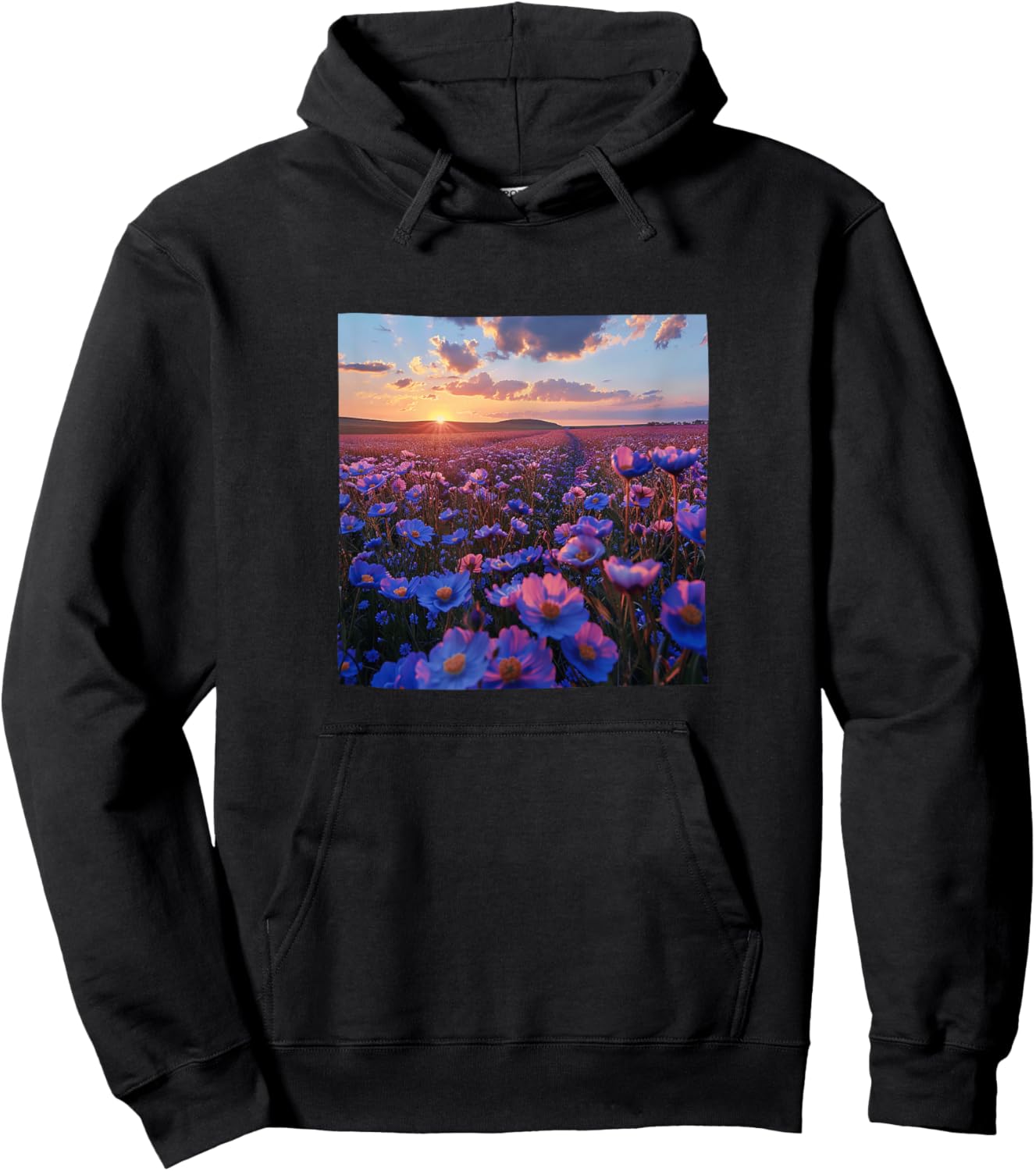 Periwinkle Flower Field Beautiful Sunset Graphic Hoodie - Hoodie | Black