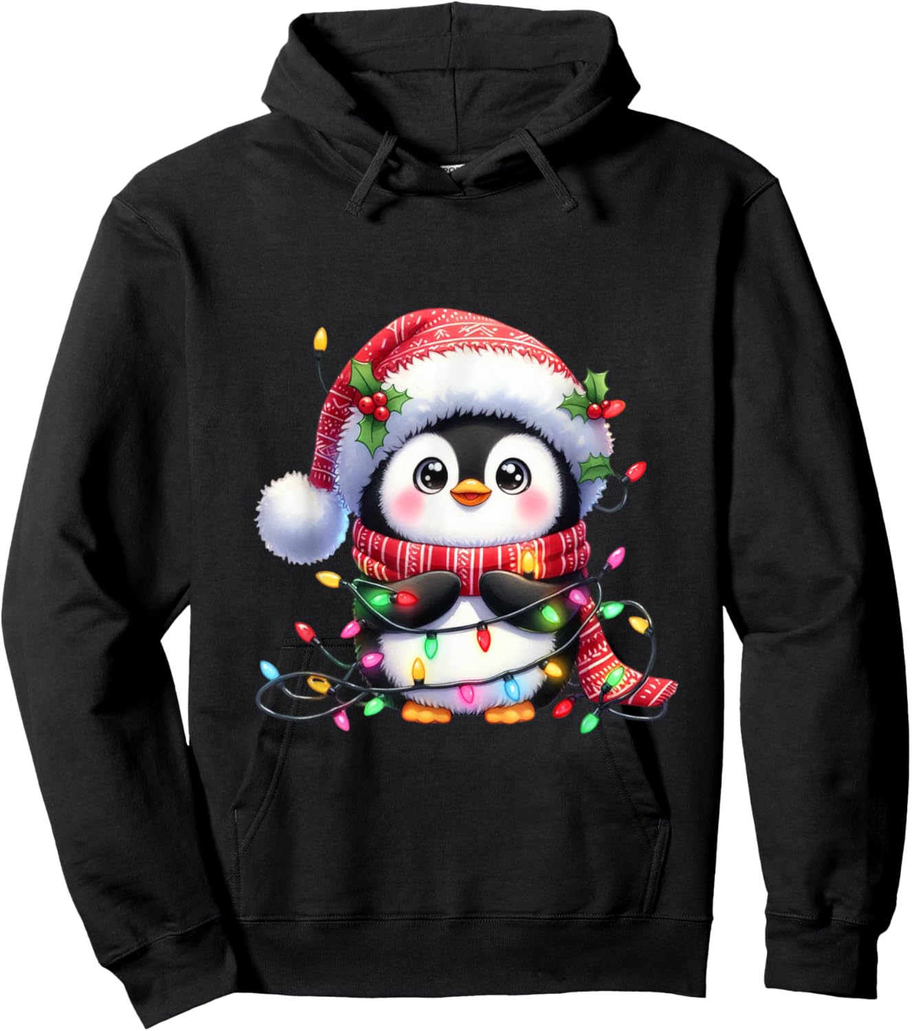 Penguin Christmas Lights Santa Hat Xmas Penguin Lover Hoodie - Hoodie | Black