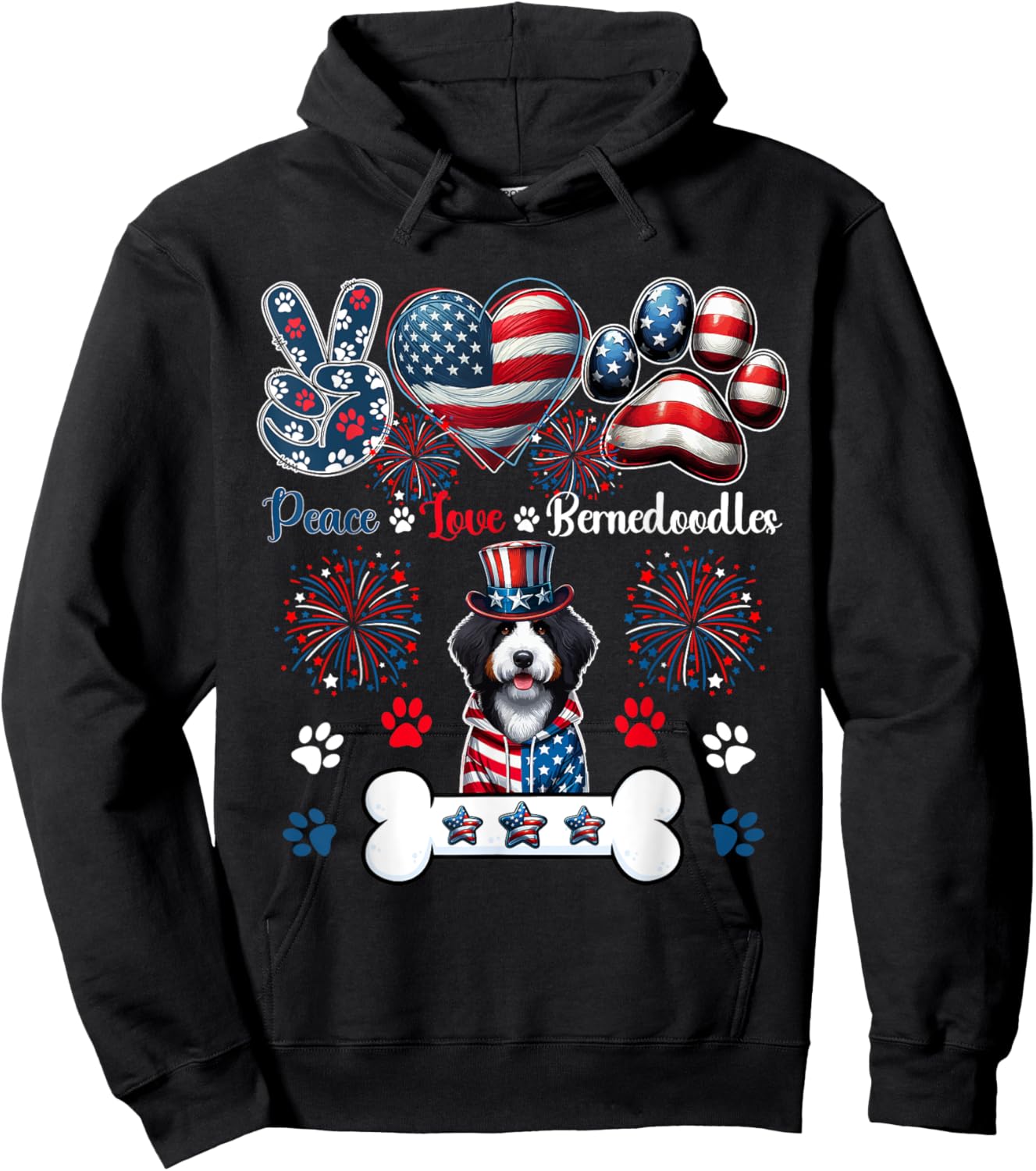Peace Love Bernedoodles 4th Of July Owner Lover Patriotic Hoodie - Hoodie | Black