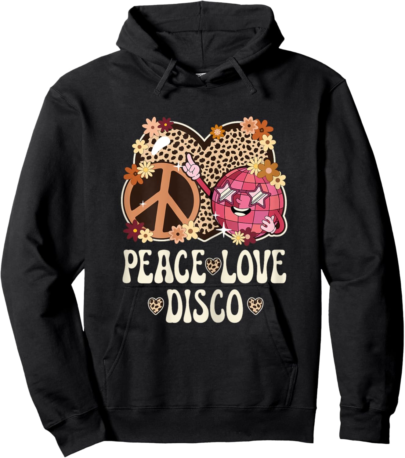 Peace Love Disco Outfit Cheetah Print Women Girls 70s Disco Hoodie - Hoodie | Black