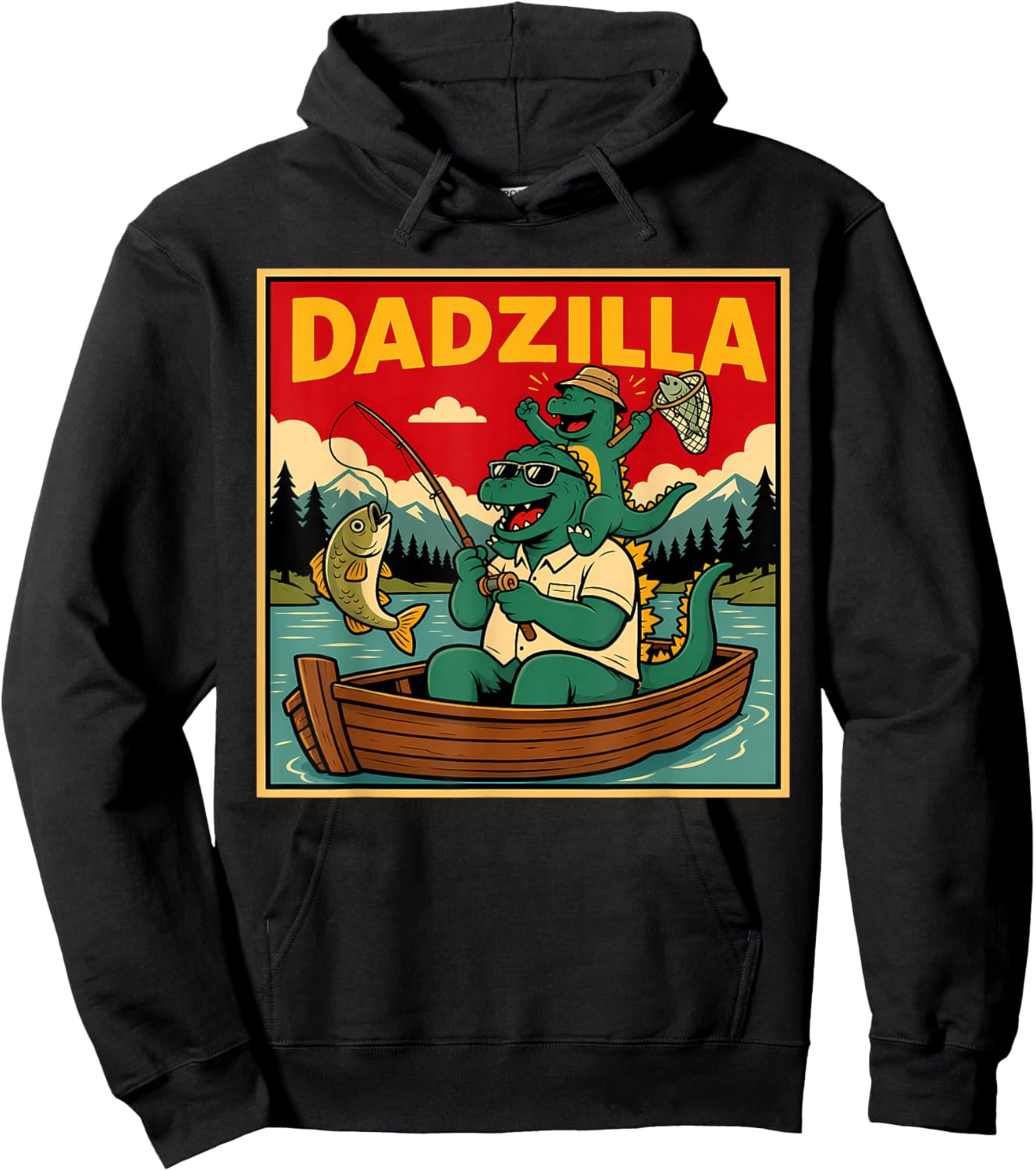 Dadzilla Fishing Dinosaur Father and Son Retro Hoodie - Hoodie | Black