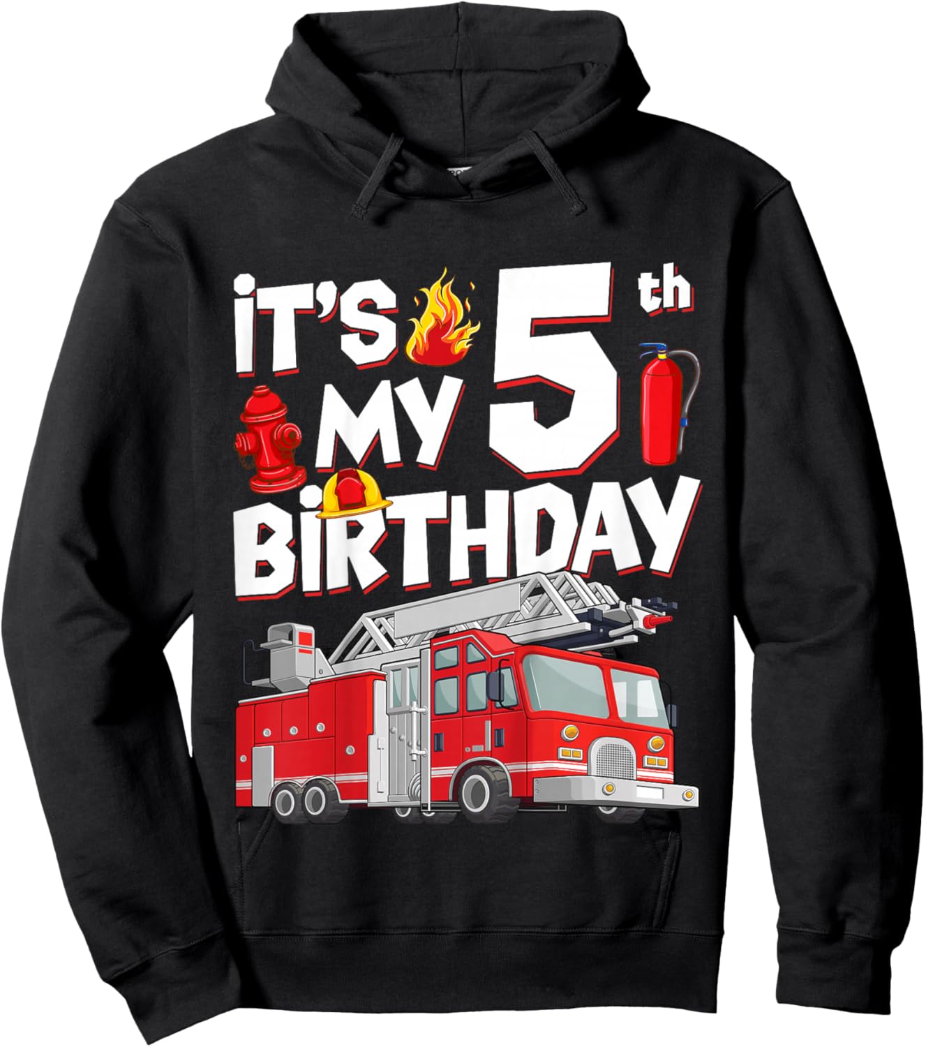 5th Birthday Boy Fire Truck 5 Years Old Toddler Firefighter Hoodie - Hoodie | Black