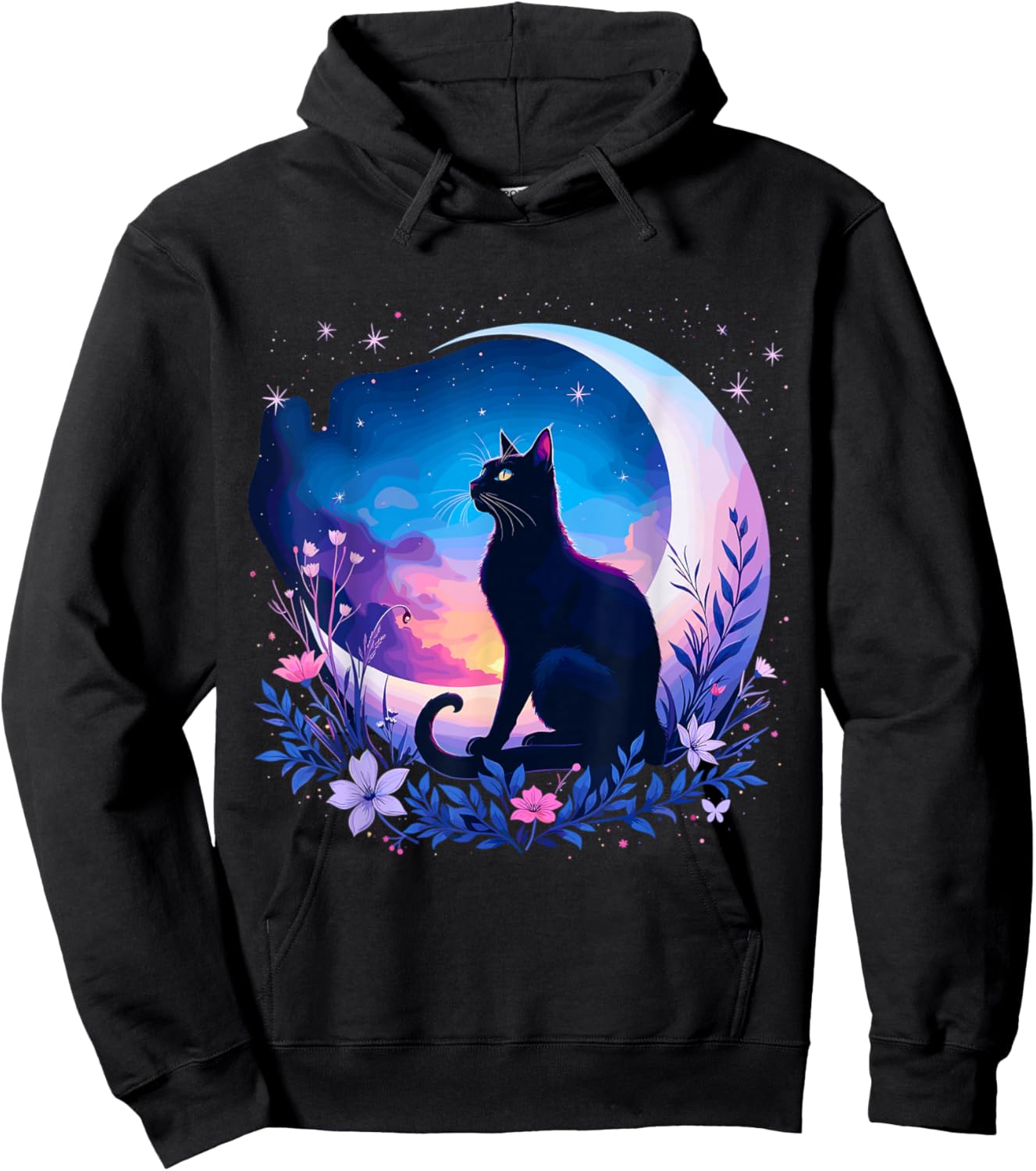 Cat Sitting Moon Celestial Night Hoodie - Hoodie | Black