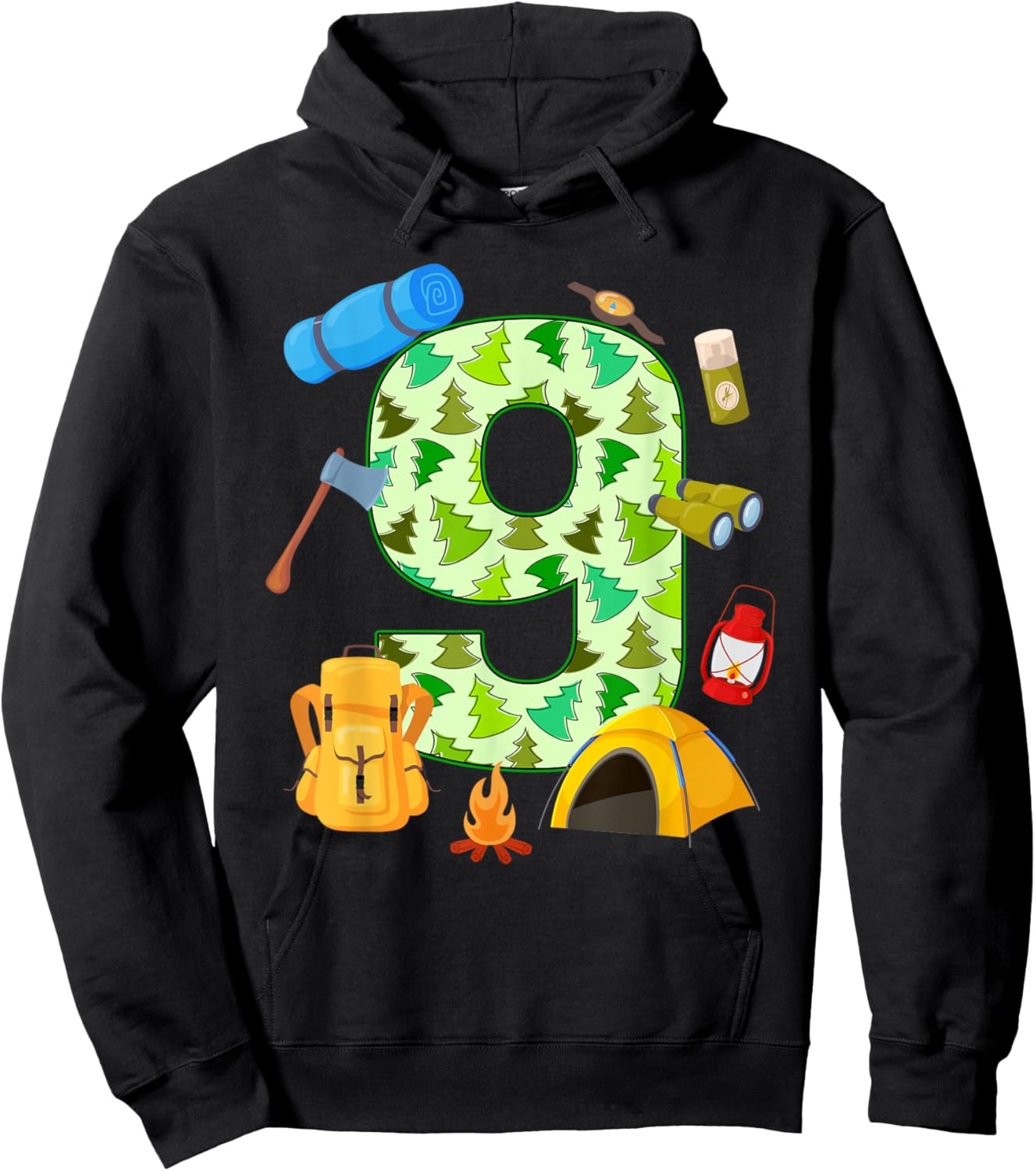 9th Birthday Camping Theme 9 Year Old Birthday Kids Hoodie - Hoodie | Black