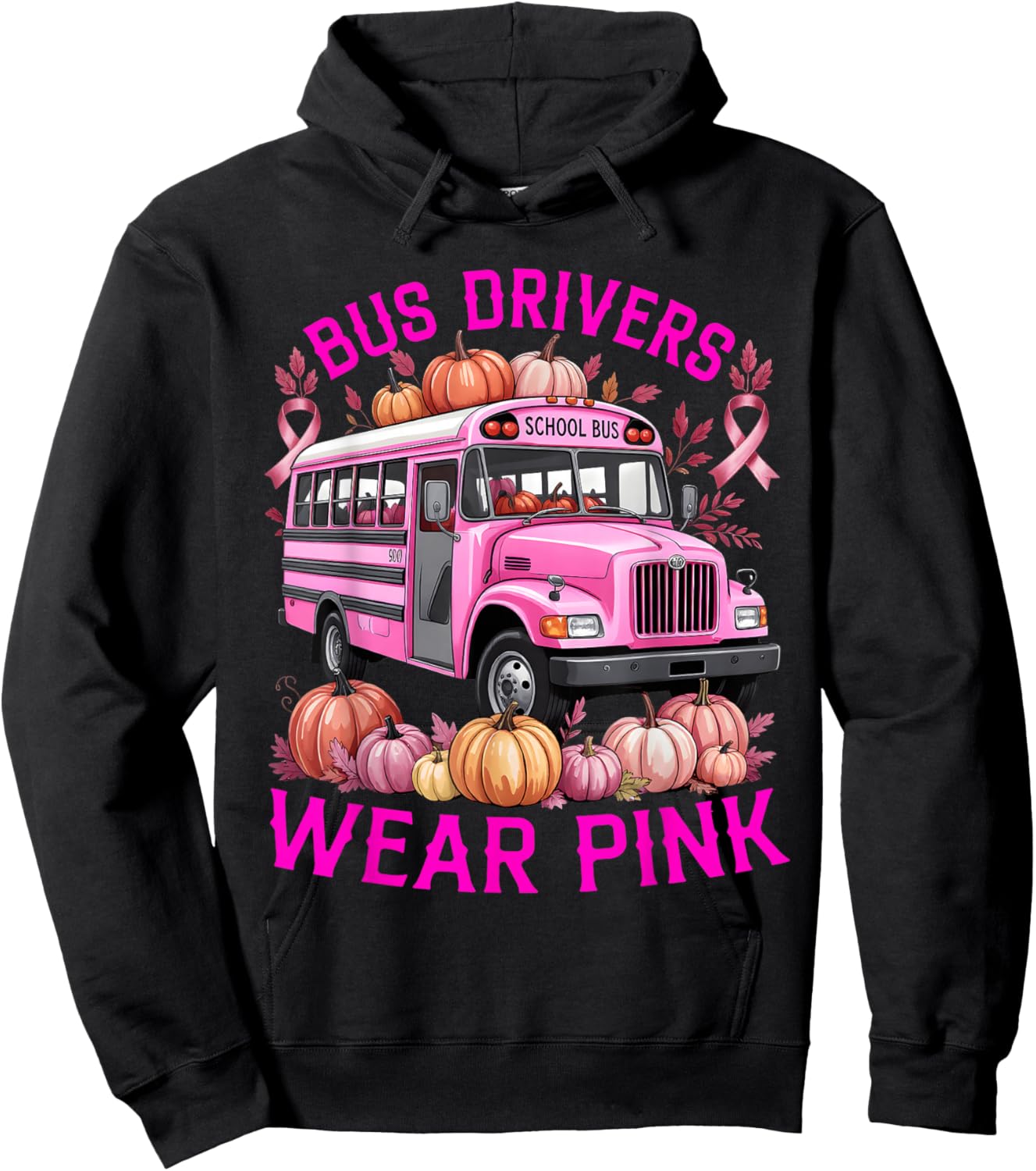 School Bus Driver Pink Ribbon Breast Cancer in October Hoodie - Hoodie | Black