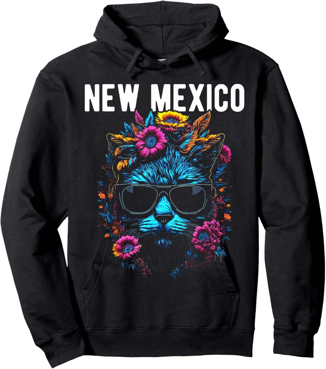 New Mexico USA Cat Wearing Sunglasses and Flowers Design Hoodie - Hoodie | Black