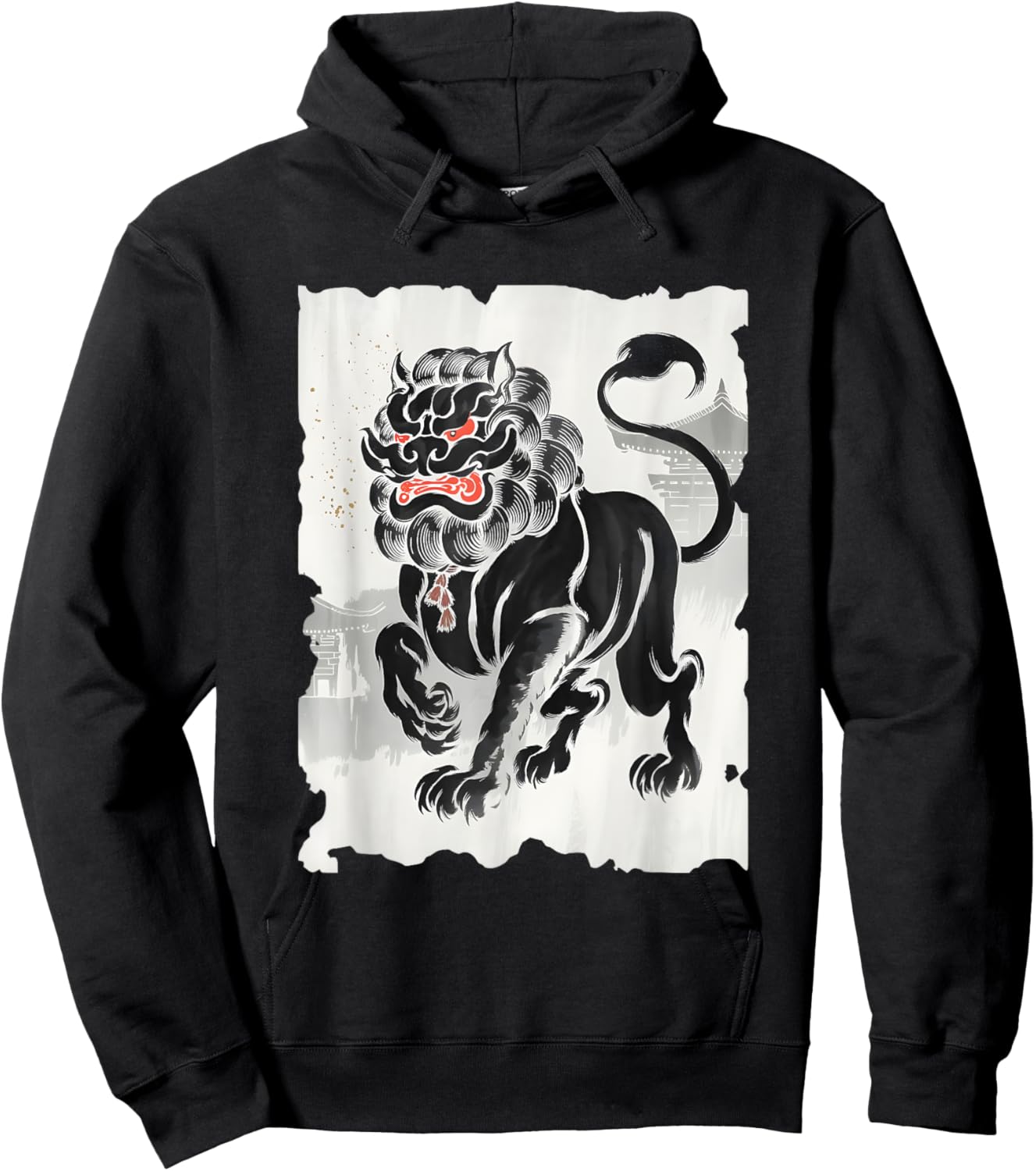 Komainu Sumi-e Graphic - Vintage Japanese Art Lion-Dog Hoodie - Hoodie | Black