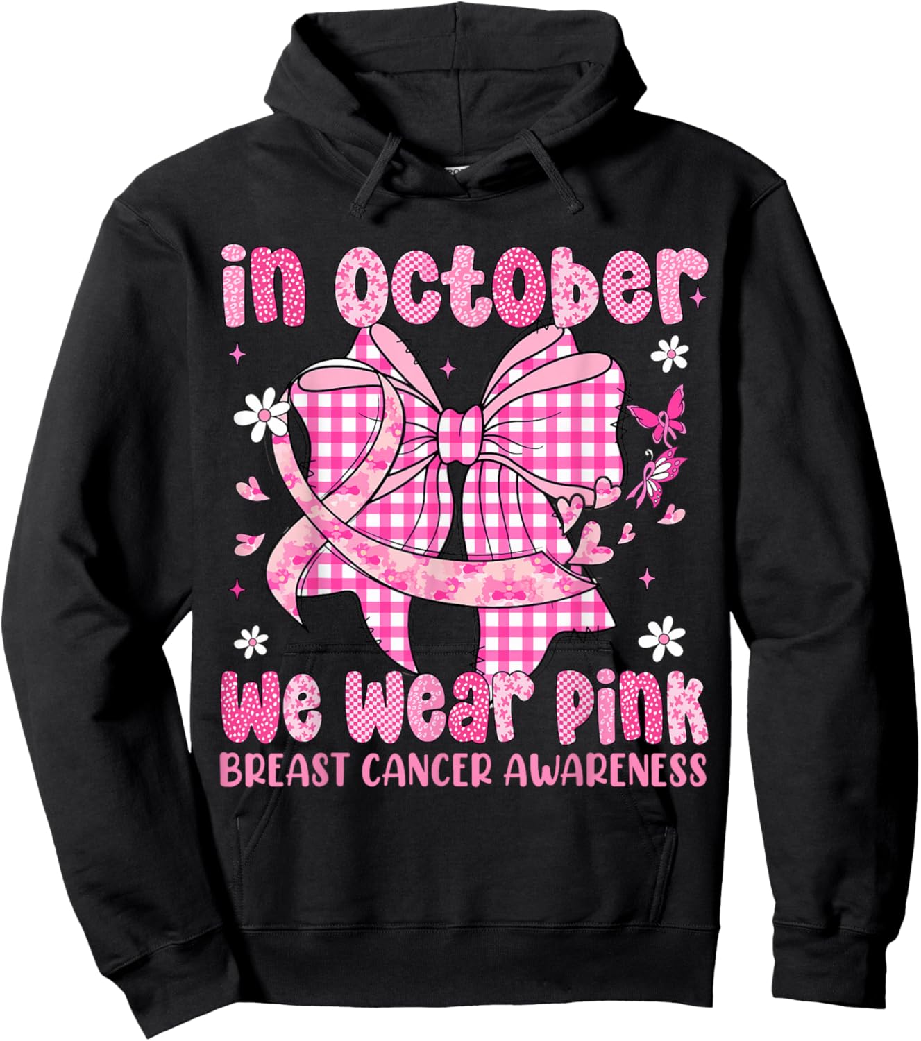 in October We Wear Pink Coquette Bow Breast Cancer Month Hoodie - Hoodie | Black