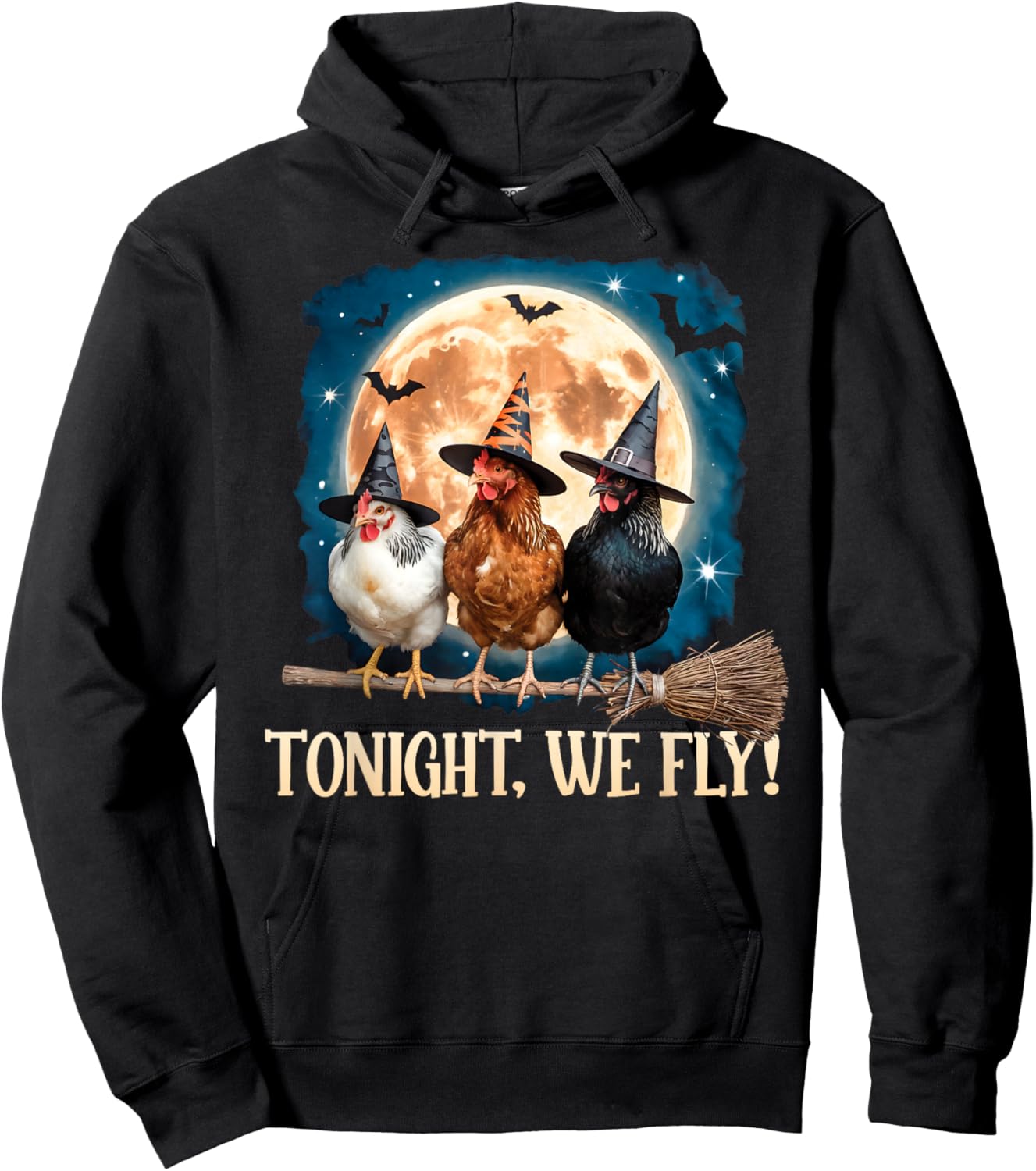 Tonight We Fly Moon Bat Funny Spooky Chicken Witch Halloween Hoodie - Hoodie | Black