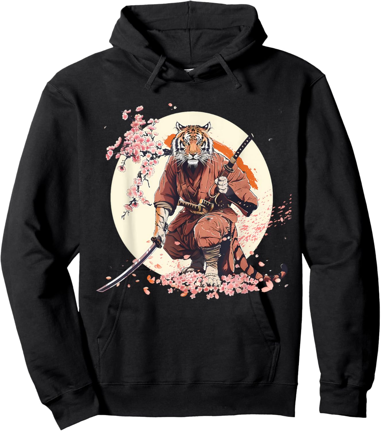 Samurai Tiger Sakura Tree Floral Anime Japanese Ninja Tiger Hoodie - Hoodie | Black