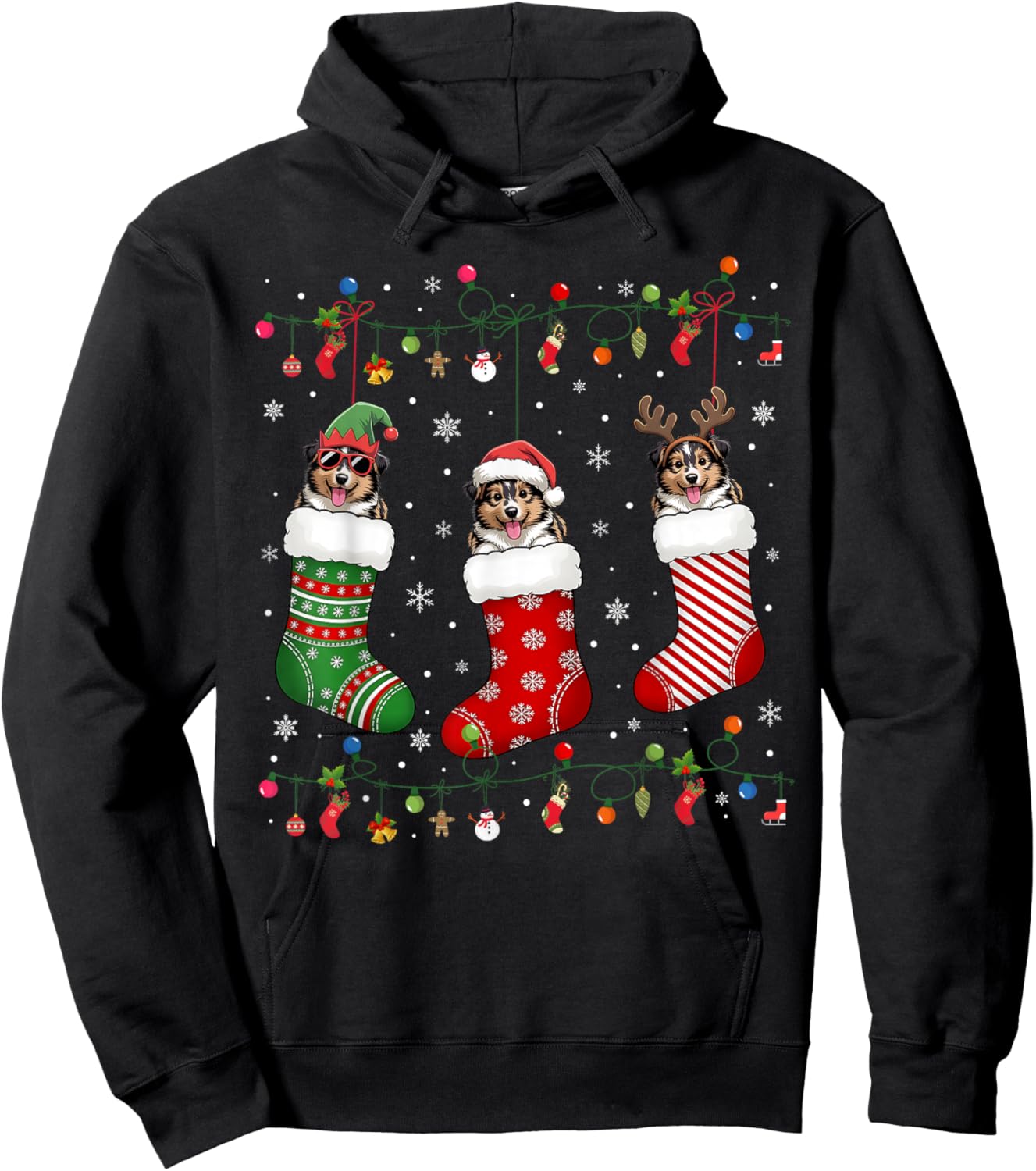 Shetland Sheepdog Dog Christmas Socks Funny Xmas Pajama Dog Hoodie - Hoodie | Black
