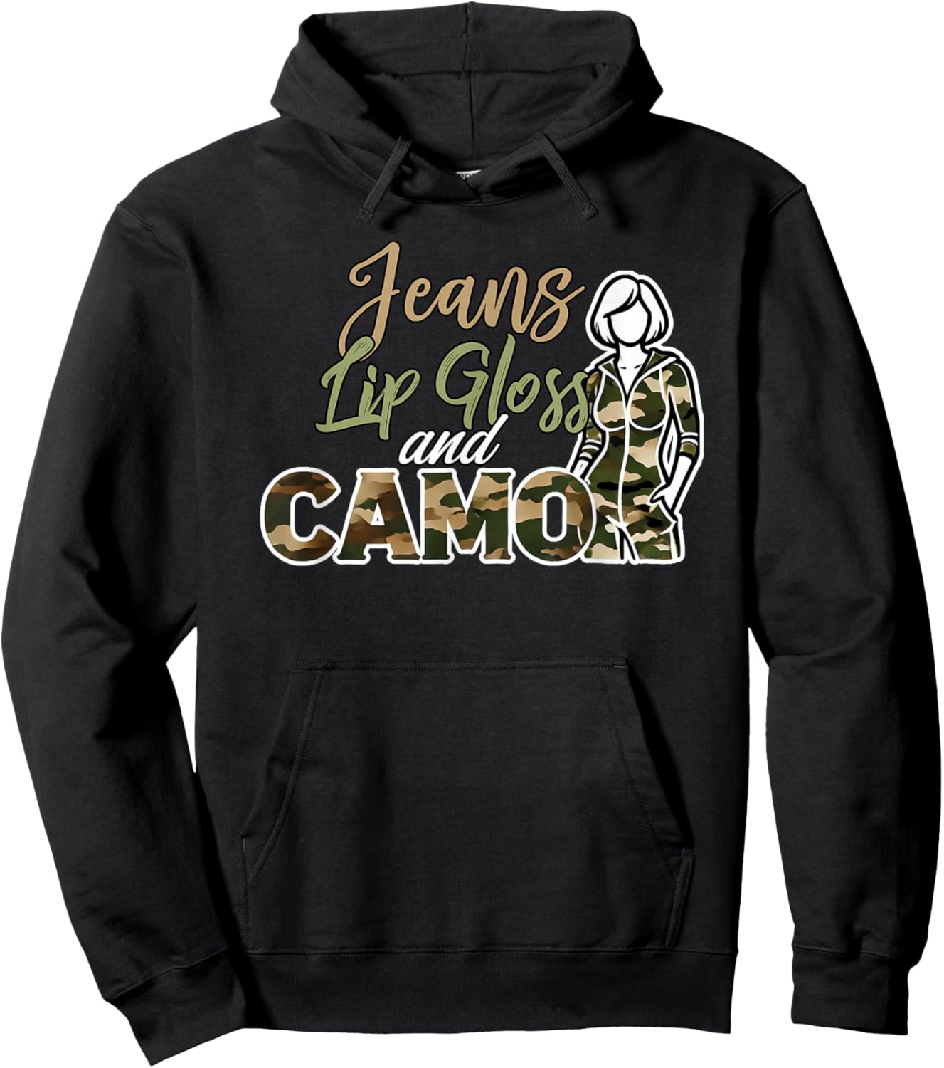 Jeans Lip Gloss and Camo Camouflage Graphic Jumpsuit Hoodie - Hoodie | Black