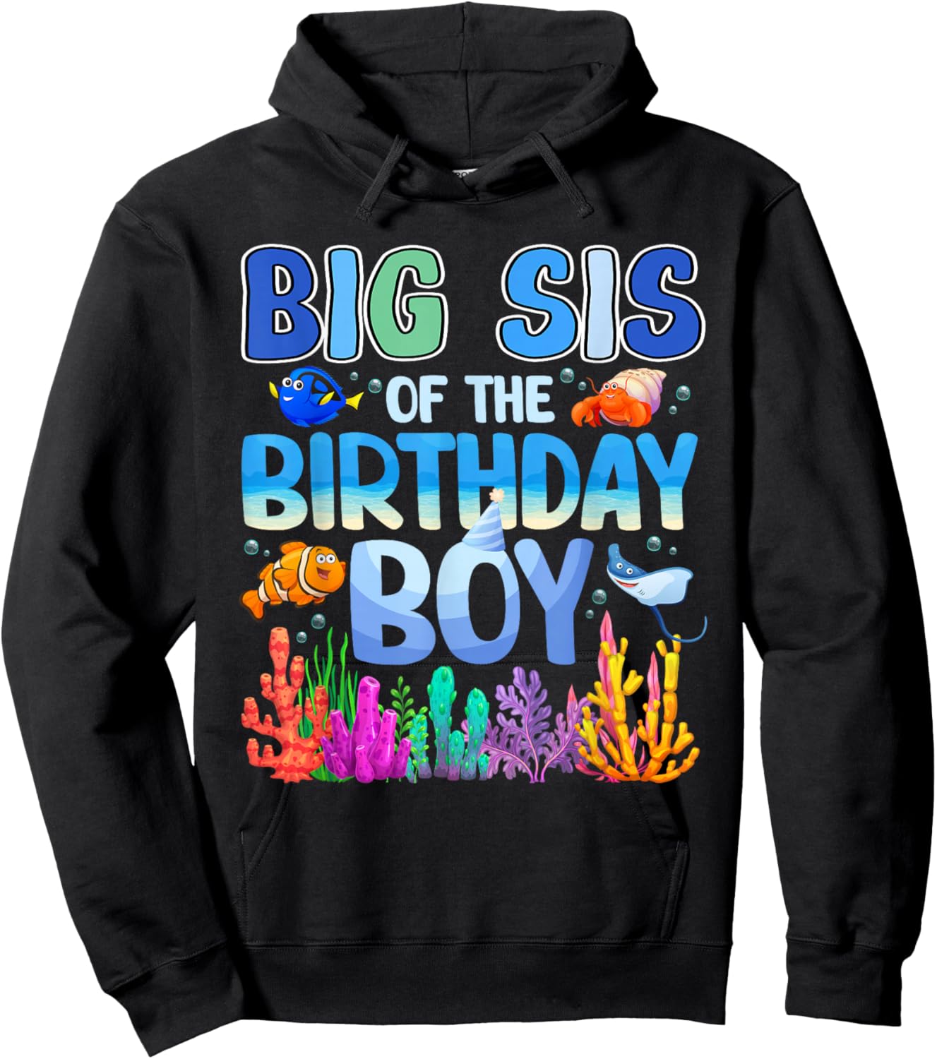 Big Sis of The Birthday Boy Aquarium Sea Animals Matching Hoodie - Hoodie | Black