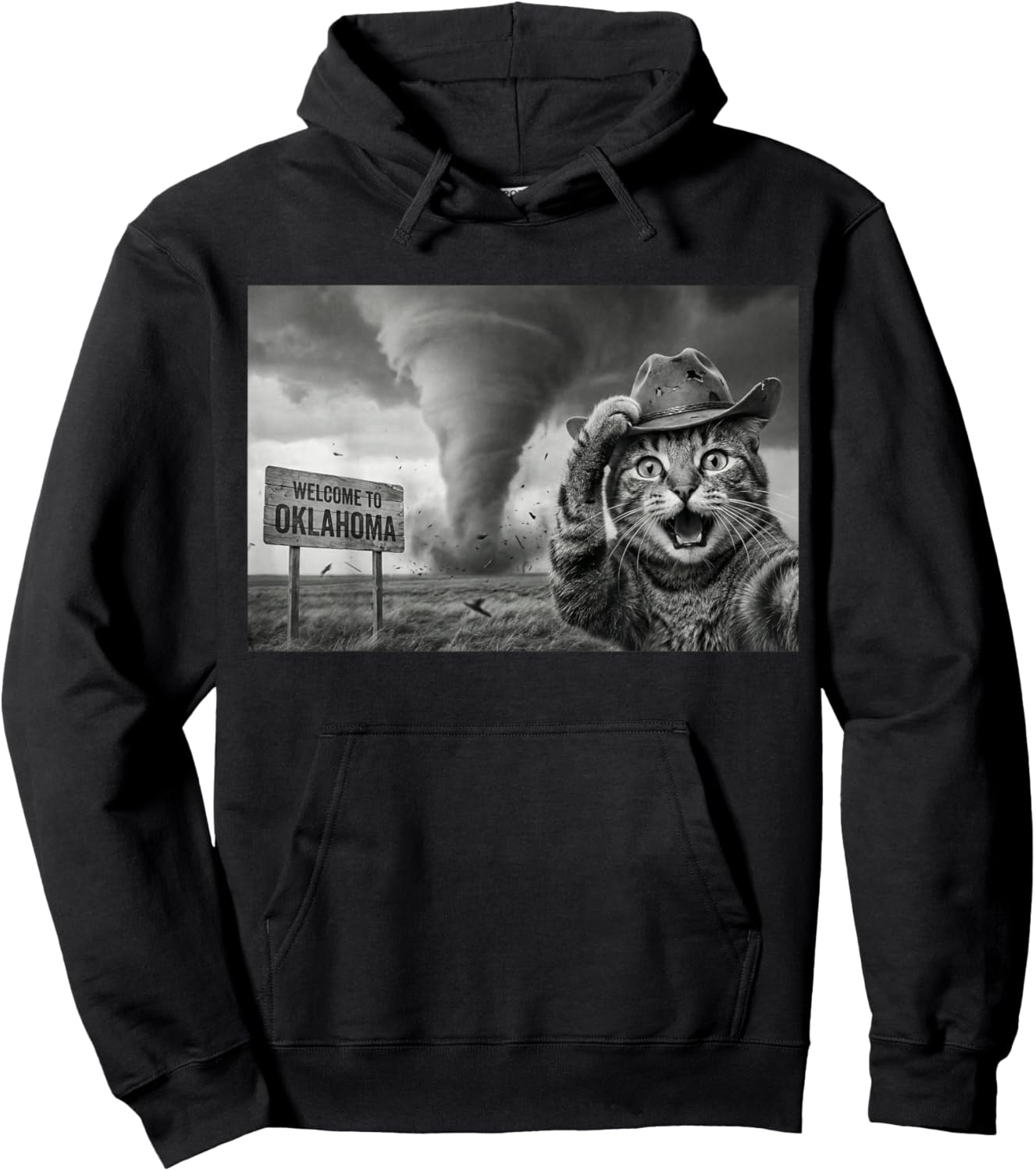 Funny Cat Selfie Tornado Oklahoma Storm Chaser Cowboy Hat Hoodie - Hoodie | Black