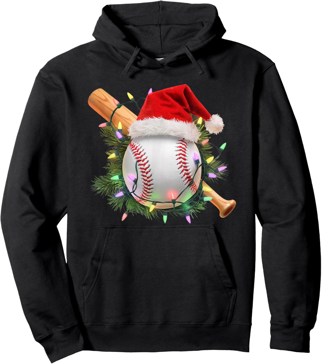 Christmas Baseball Santa Hat Holiday Lights Sports Fans Hoodie - Hoodie | Black