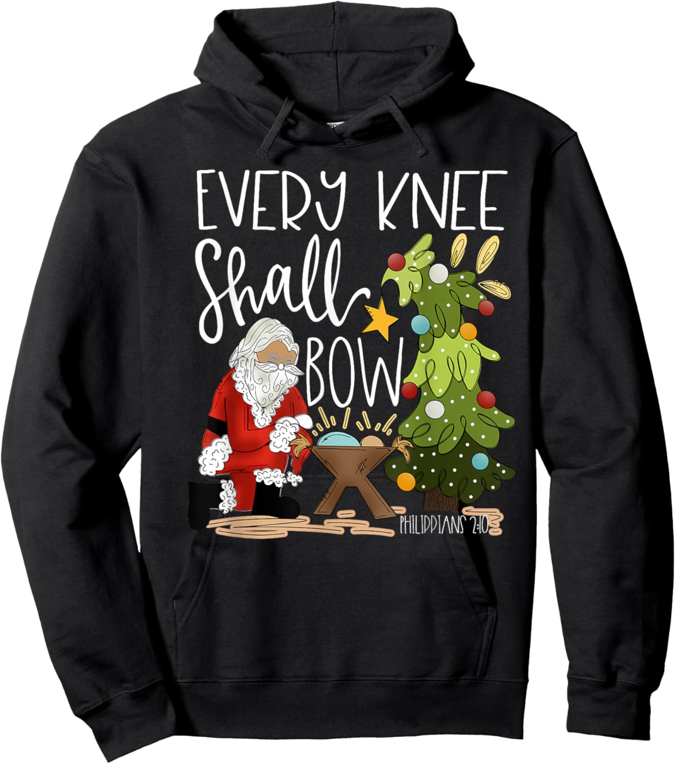 Retro Every Knee Shall Bow Santa Clause Religious Christmas Hoodie - Hoodie | Black