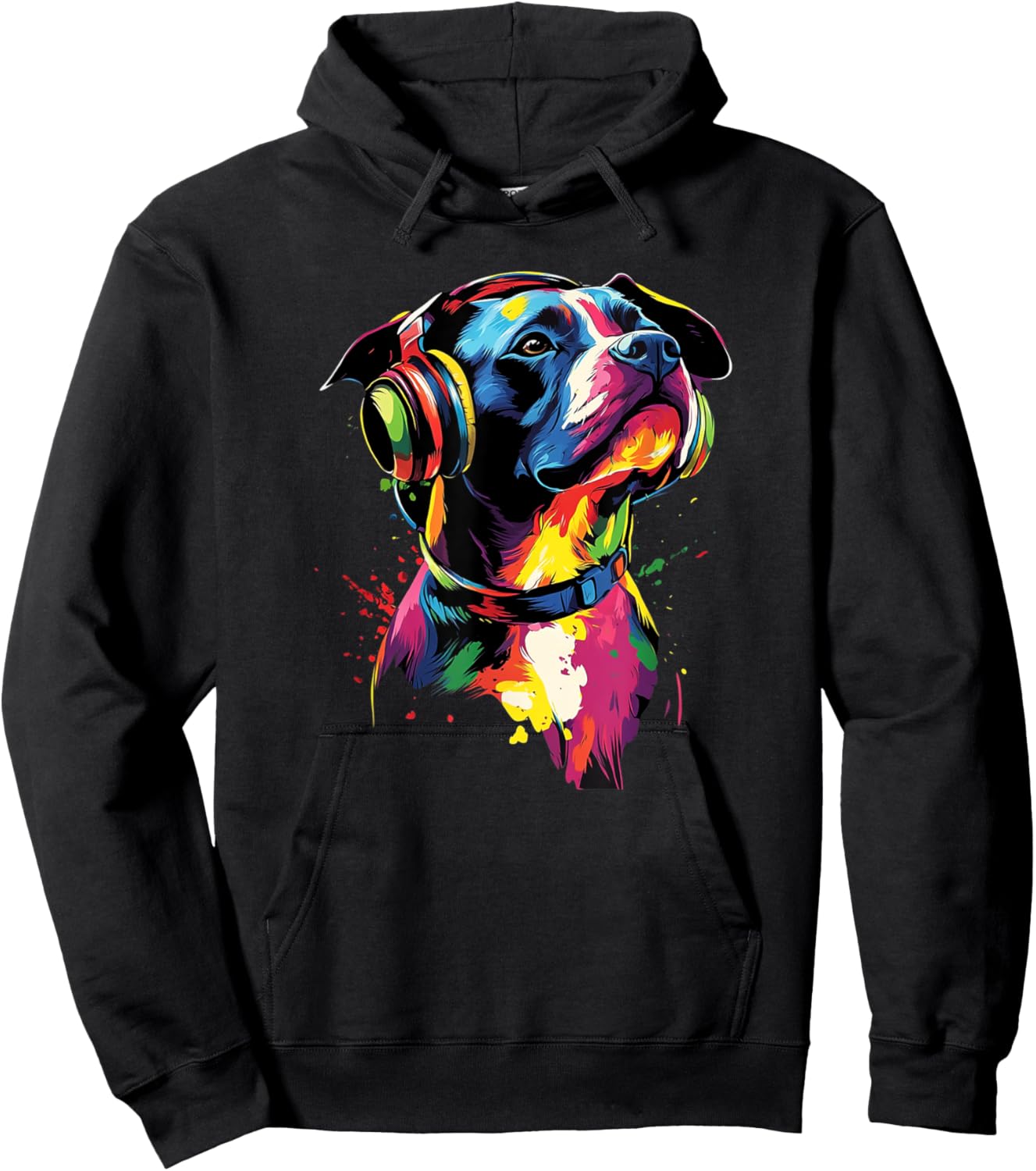 Artistic Colorful American Pit Bull Headphones Dog Pitbull Men Women Kids Hoodie - Hoodie | Black