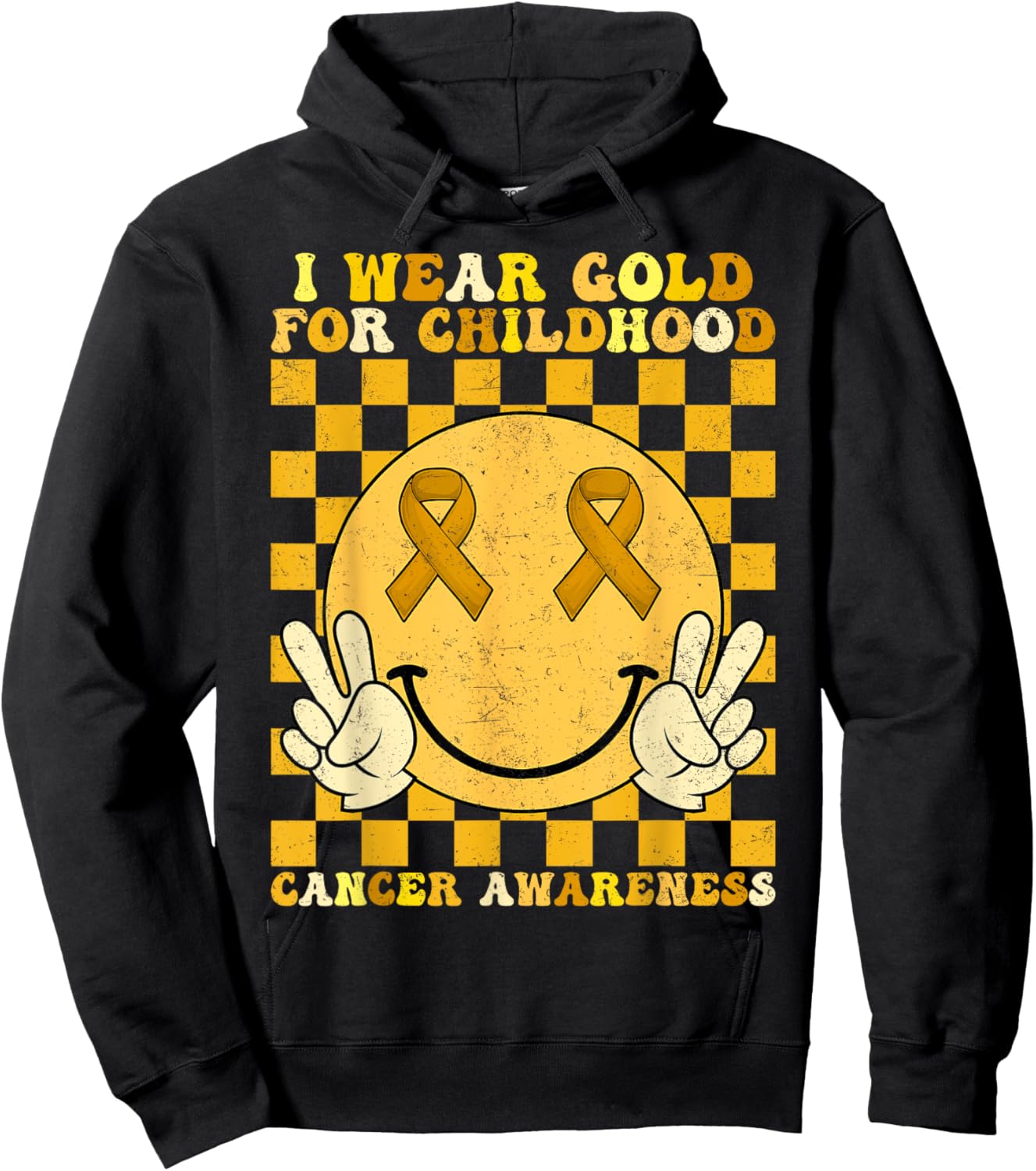 Groovy I Wear Gold For Childhood Cancer Awareness Smile Face Hoodie - Hoodie | Black