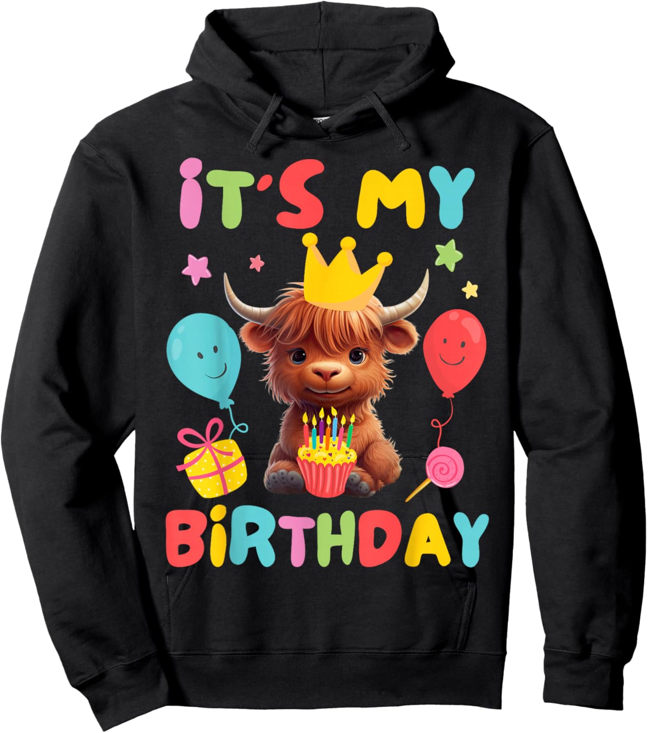 It's My Birthday Boy Girl Kid Cute Highland Cow Birthday Hoodie - Hoodie | Black