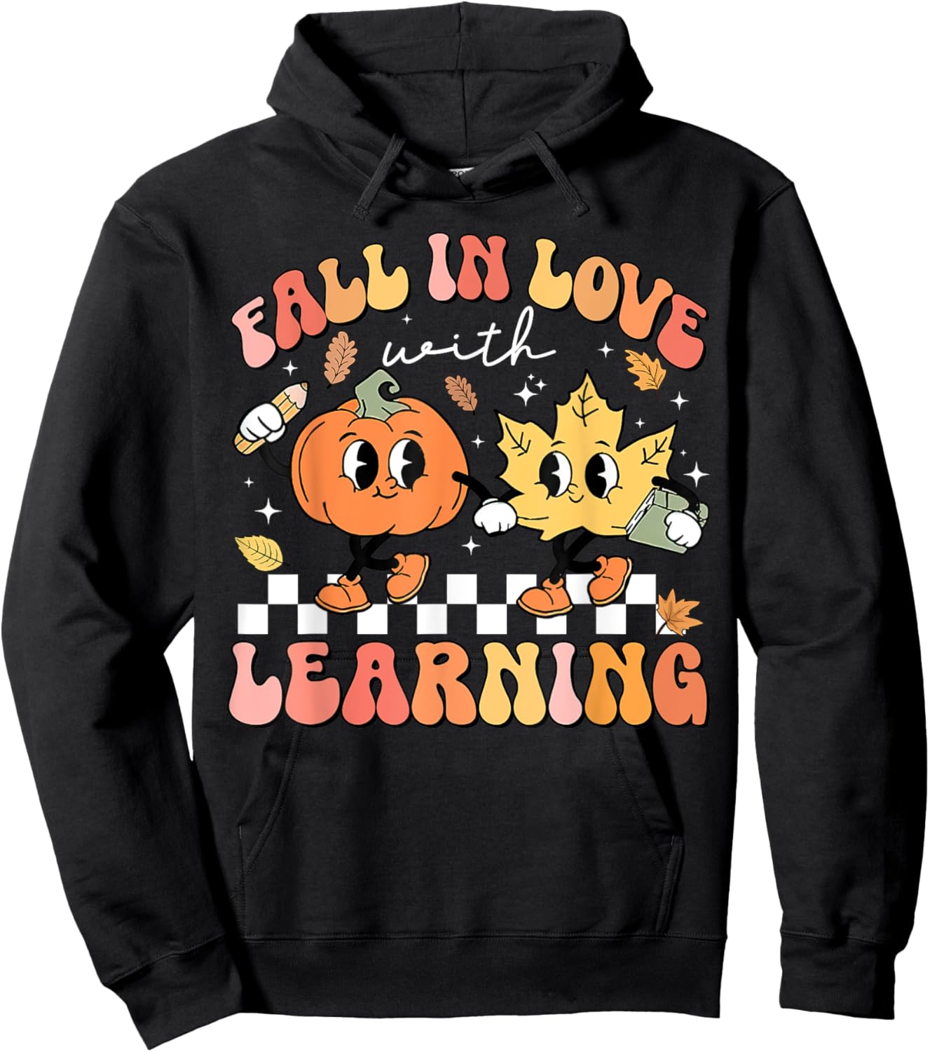 Retro Fall In Love With Learning Autumn Pumpkin Teacher Hoodie - Hoodie | Black