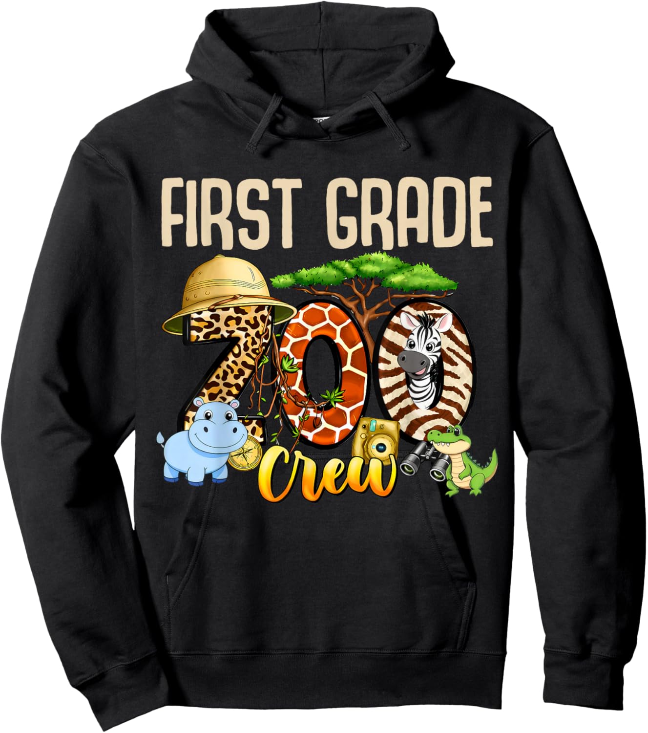 First Grade Zoo Crew Safari Animal Fun Jungle Fun Zoo Kids Hoodie - Hoodie | Black