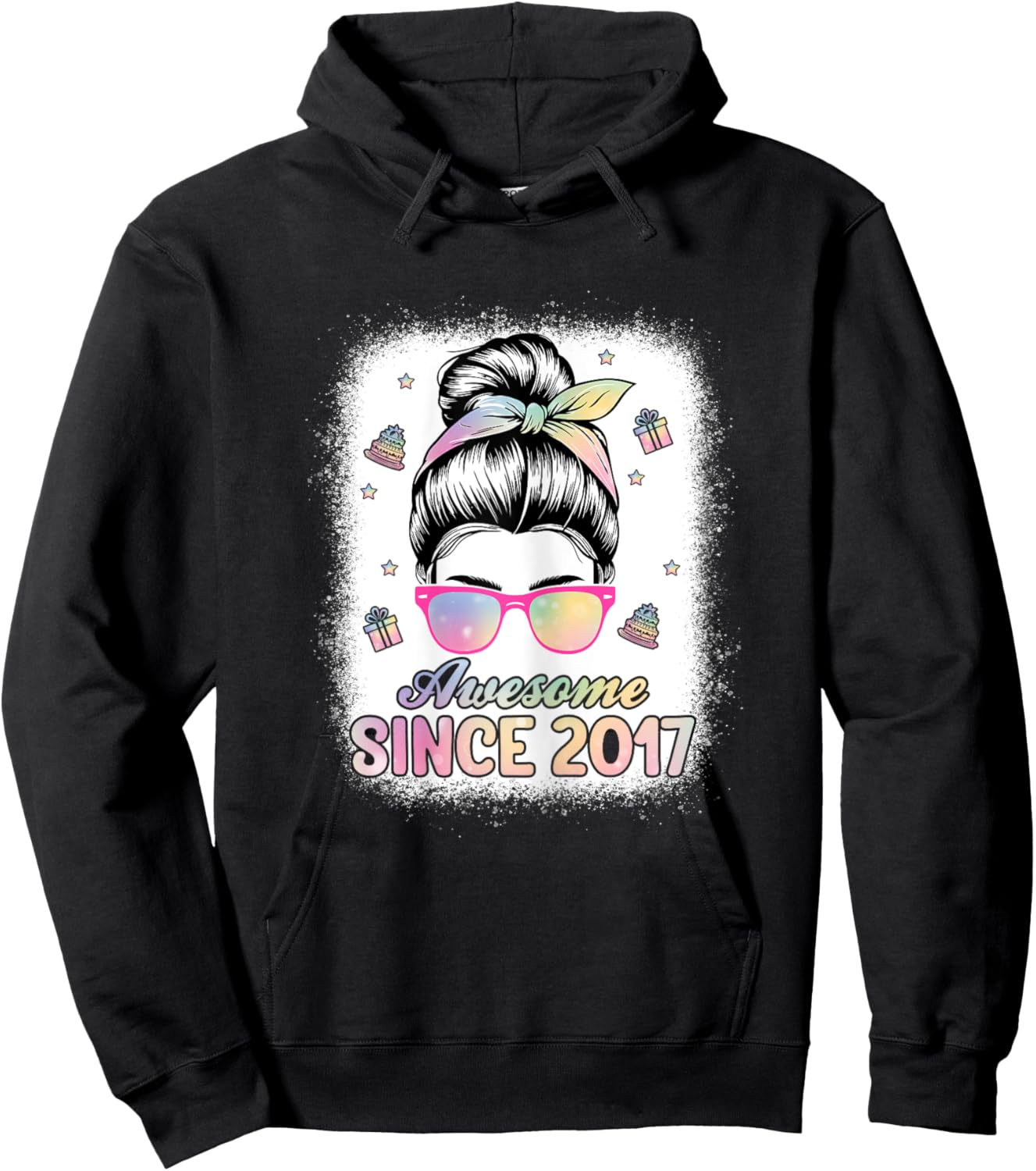 Awesome Since 2017 Messy Bun Hair 8th Birthday Party Girls Hoodie - Hoodie | Black
