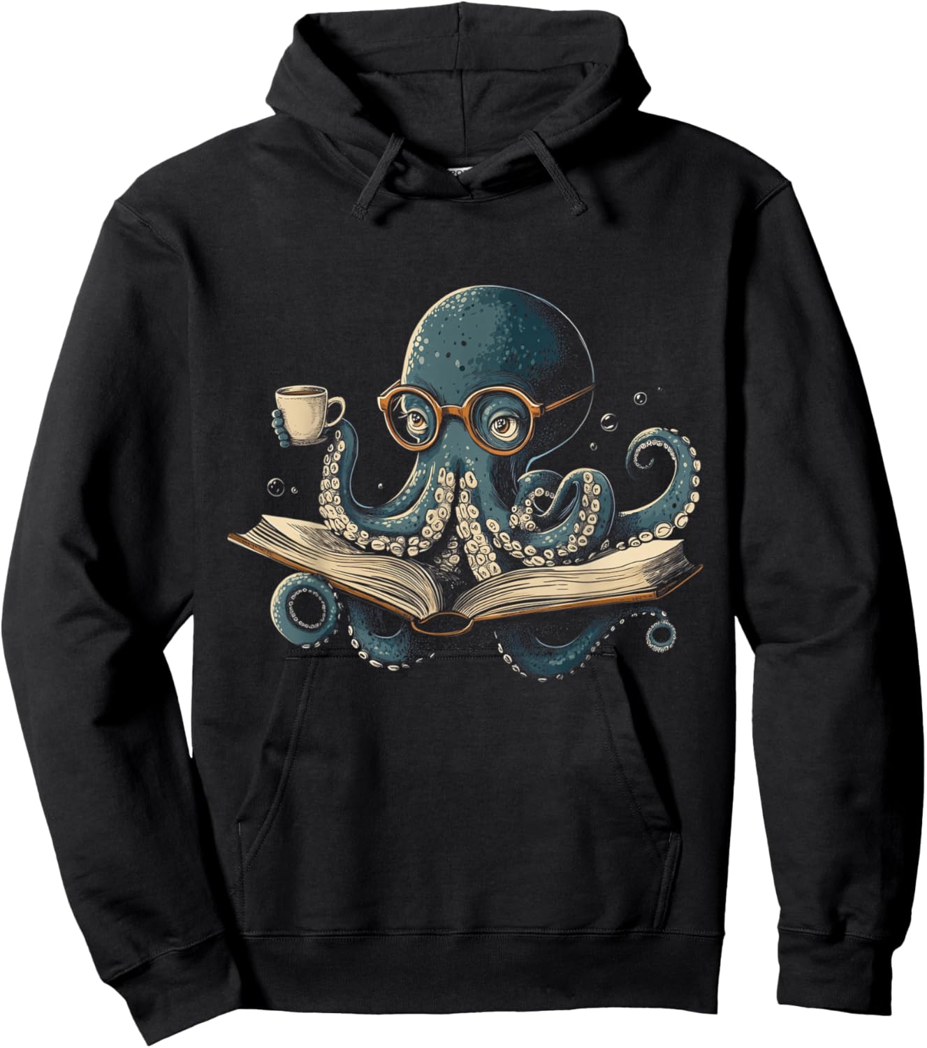 Octopus Reading Book Coffee Funny Book Lover Bookworm Nerd Hoodie - Hoodie | Black