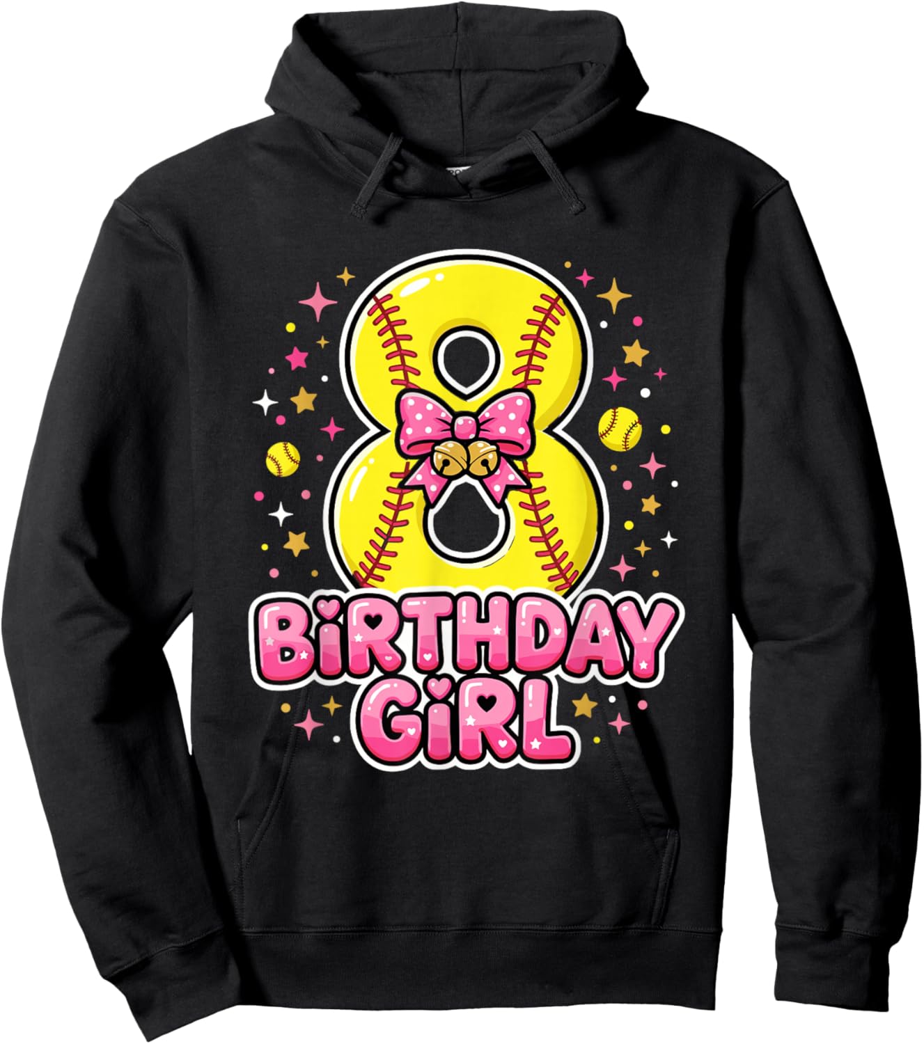Coquette Bow Softball 8th Birthday Girl Hoodie - Hoodie | Black
