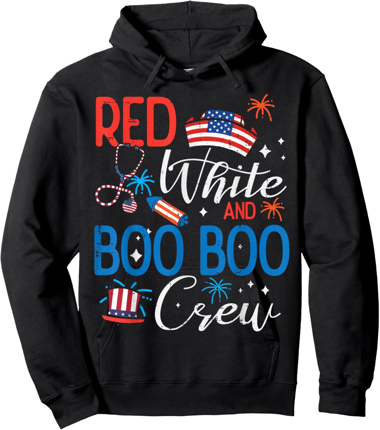 4th of July Red White Boo Boo Crew Scrub Top Nurse Women Men Hoodie - Hoodie | Black
