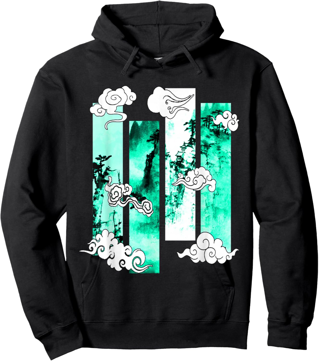 Light Teal Aqua Japanese Cliffs Scene Light Teal Aqua Hoodie - Hoodie | Black