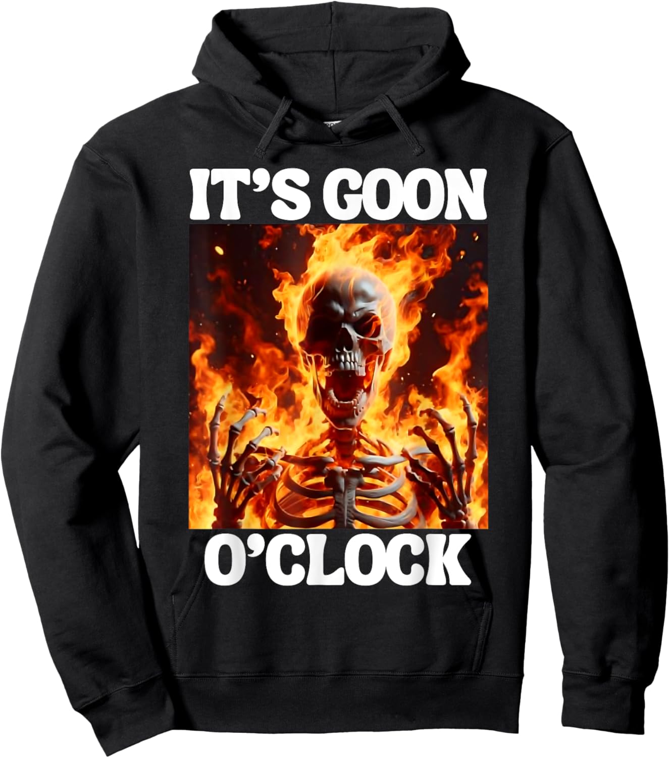 Gooning O'clock Funny Cringe Hard Skeleton Meme Flames Hoodie - Hoodie | Black