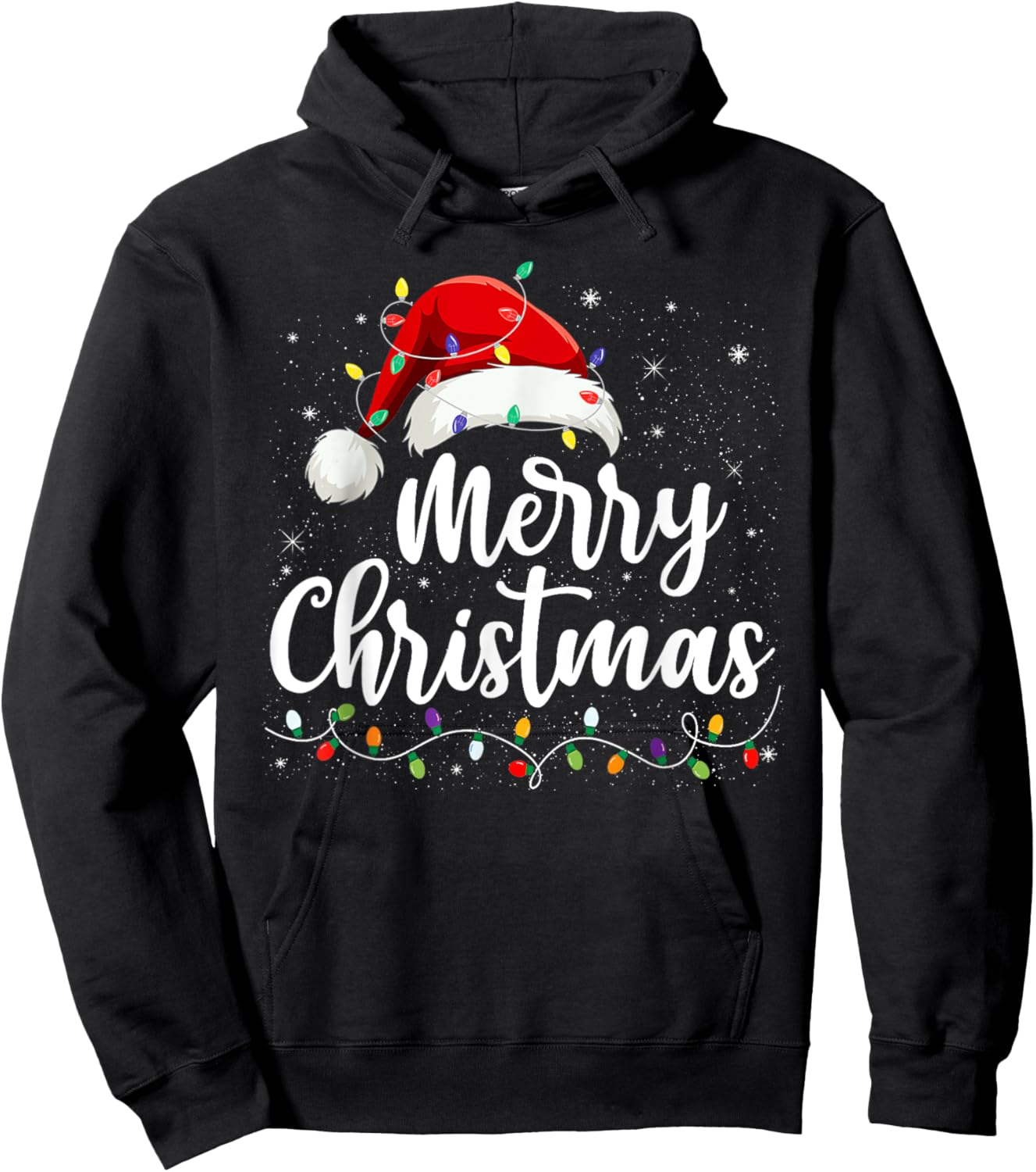 Merry Christmas Lights Red Santa Hat Xmas Family Men Women Hoodie - Hoodie | Black