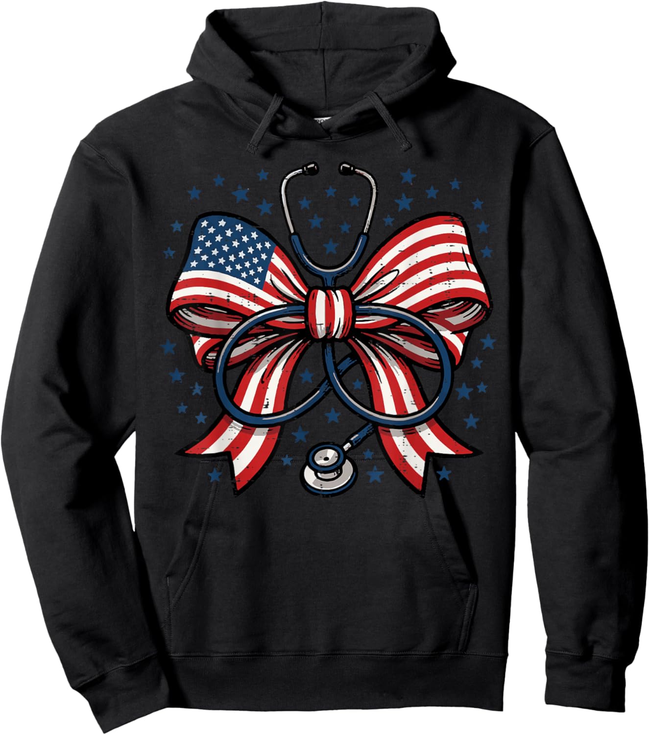 4th of July Nurse US Flag Bow Stethoscope Scrub Top Women Hoodie - Hoodie | Black